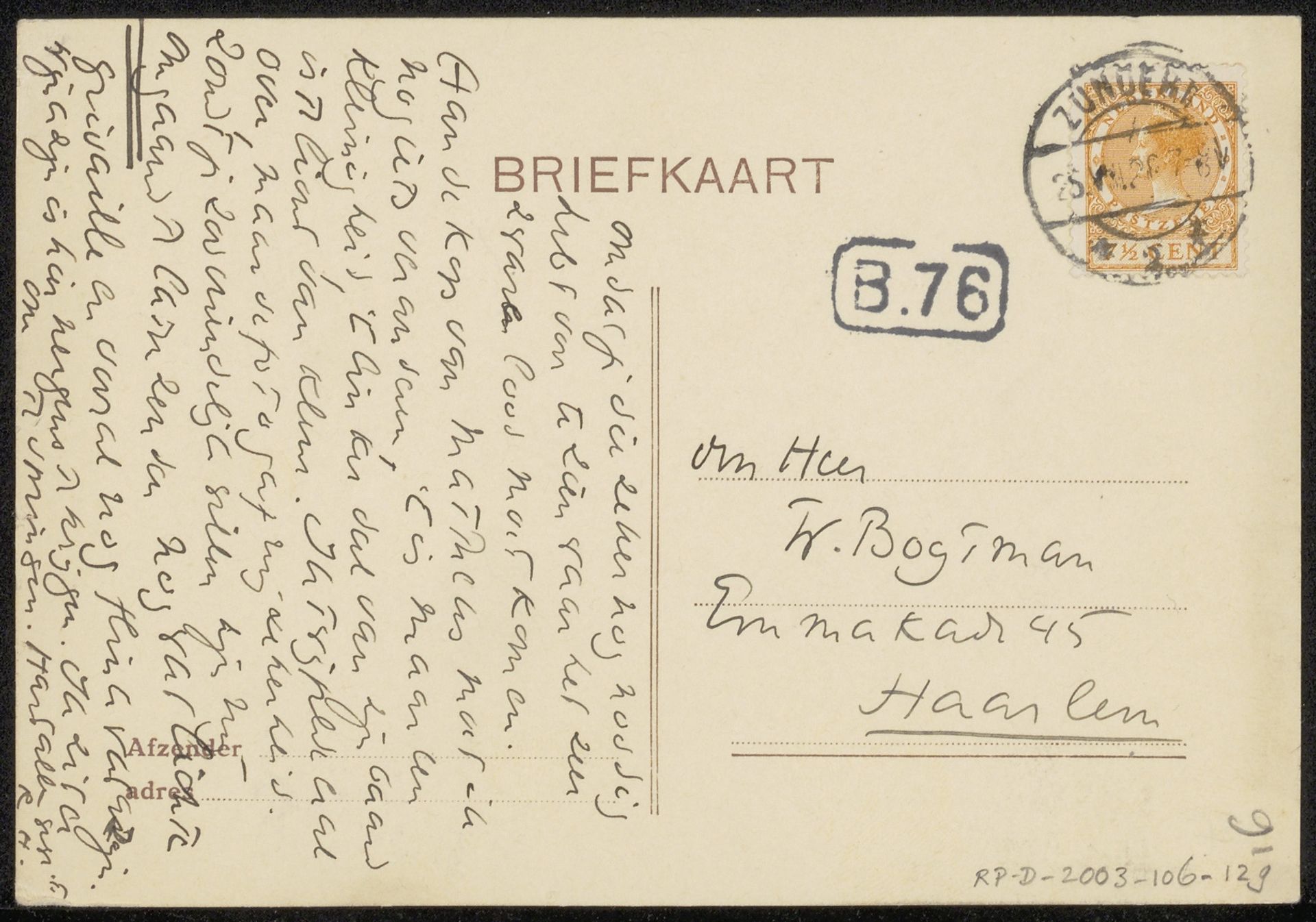 Briefkaart aan Willem Bogtman by Richard Nicolaüs Roland Holst