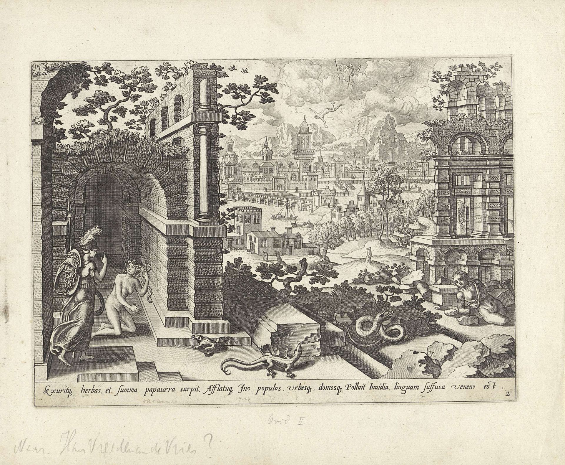 Minerva vraagt Nijd om jaloezie in Aglauros te ontsteken by Johannes of Lucas van Doetechum