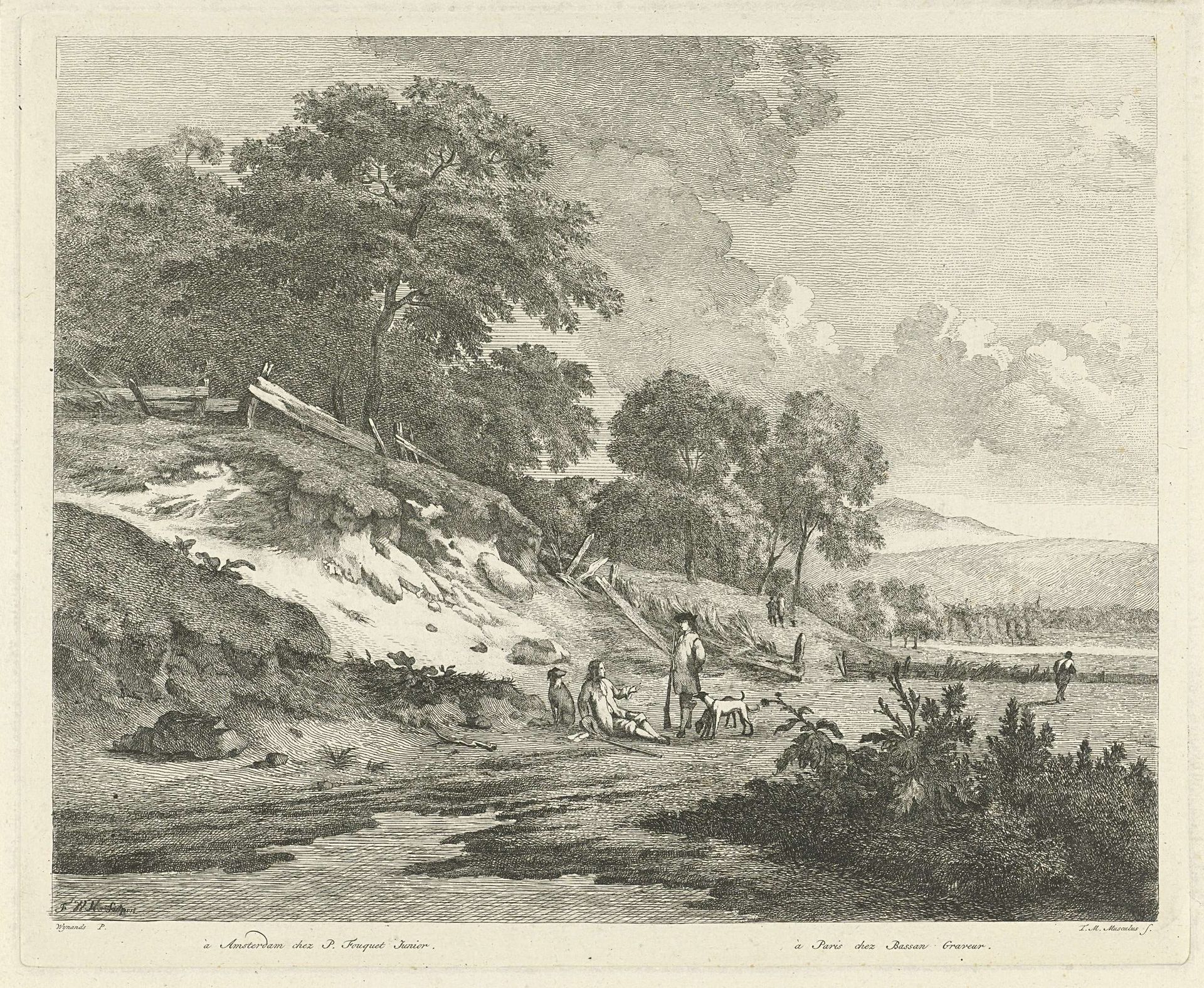 Duinlandschap met rustende jagers by F.W. Musculus
