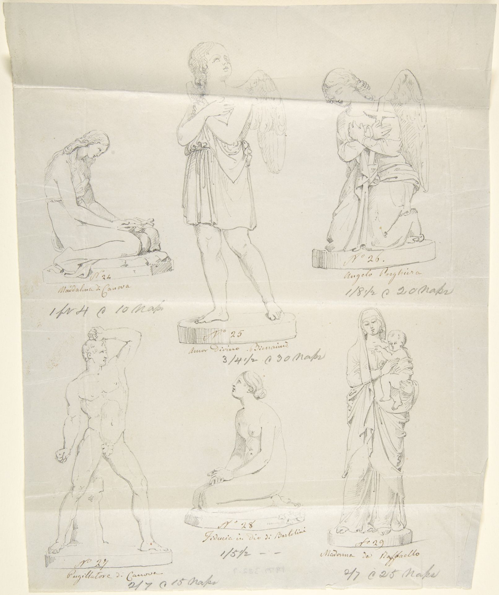 Sketches of Six Statues: Magdalen by Canova, Divine Love by Bienaimé, Praying Angel, Boxer by Canova, Trust in God by Bartolini, and Madonna by Raphael by John Gibson