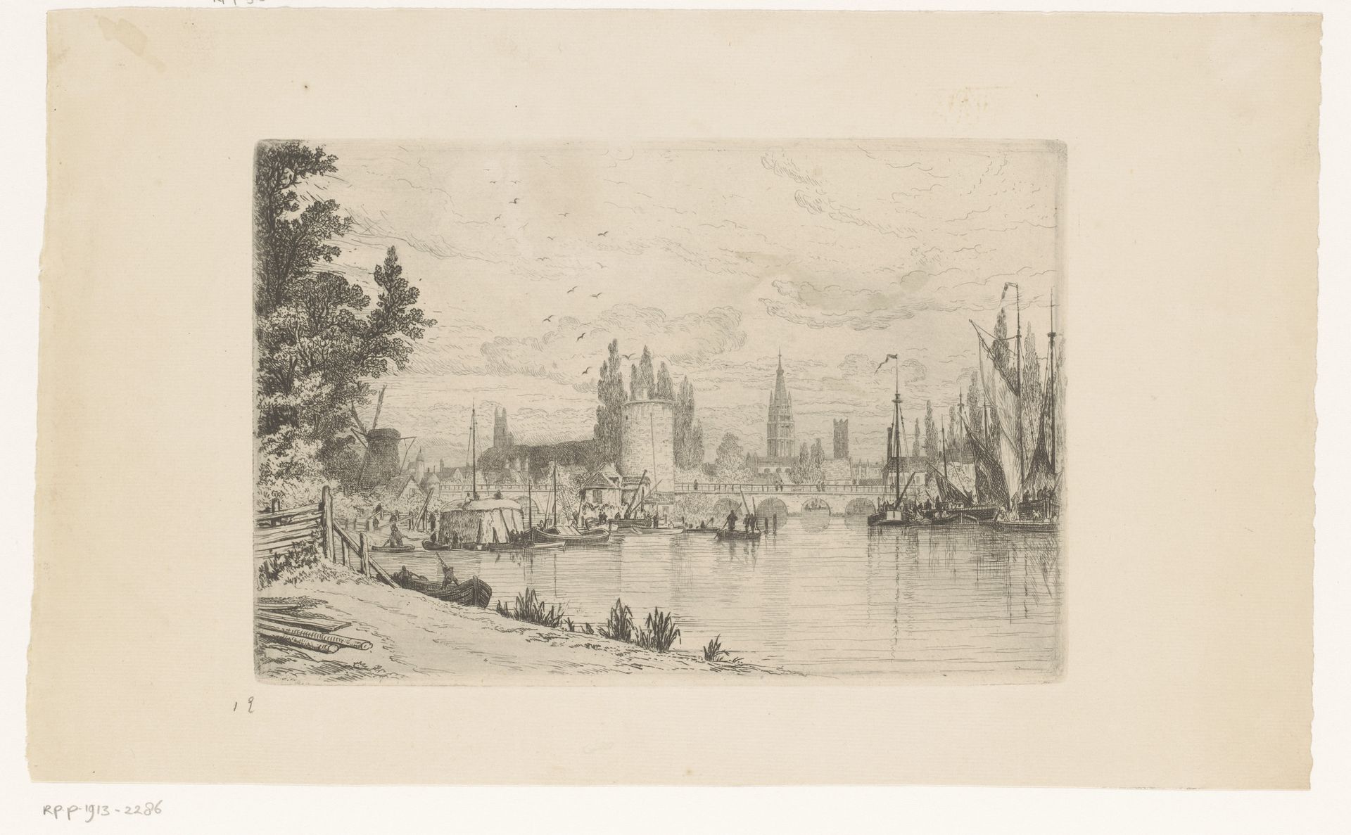 Gezicht op een stad, mogelijk Brugge by Auguste Numans