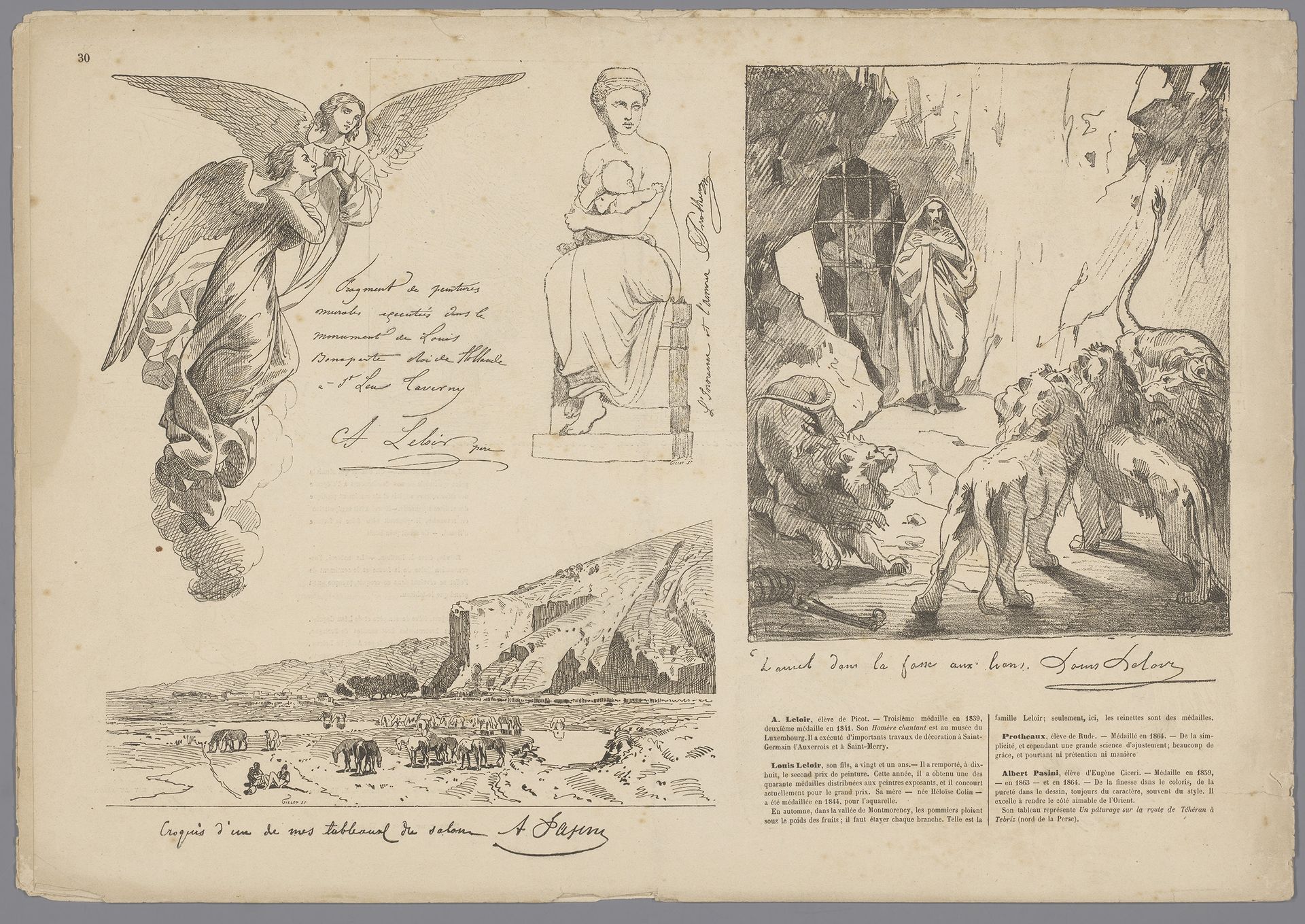 Twee engelen, een moeder met kind, Daniël in de leeuwenkuil en landschap met paarden by Firmin Gillot
