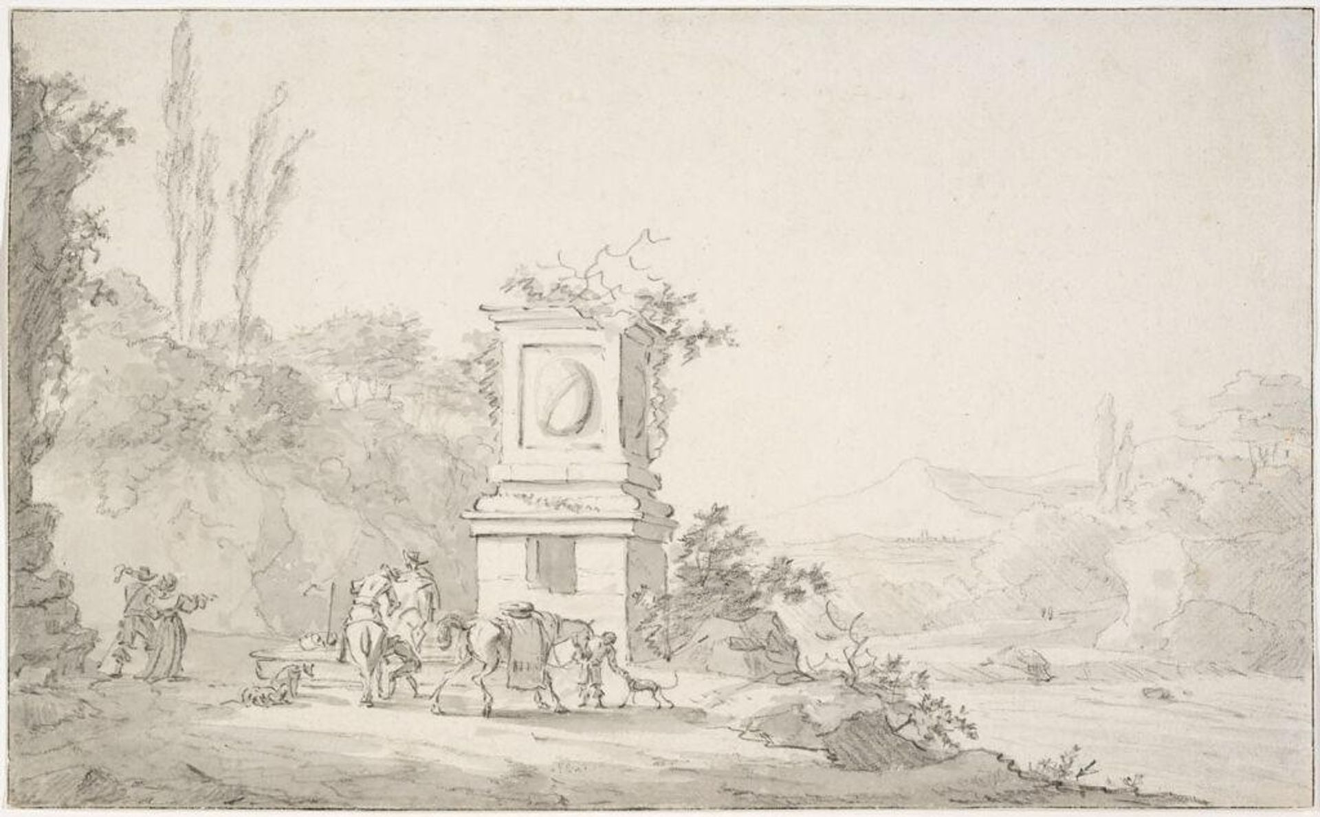 Travellers and Horsemen resting by a Fountain in an Italianate River Landscape by attributed to Dirk Maas