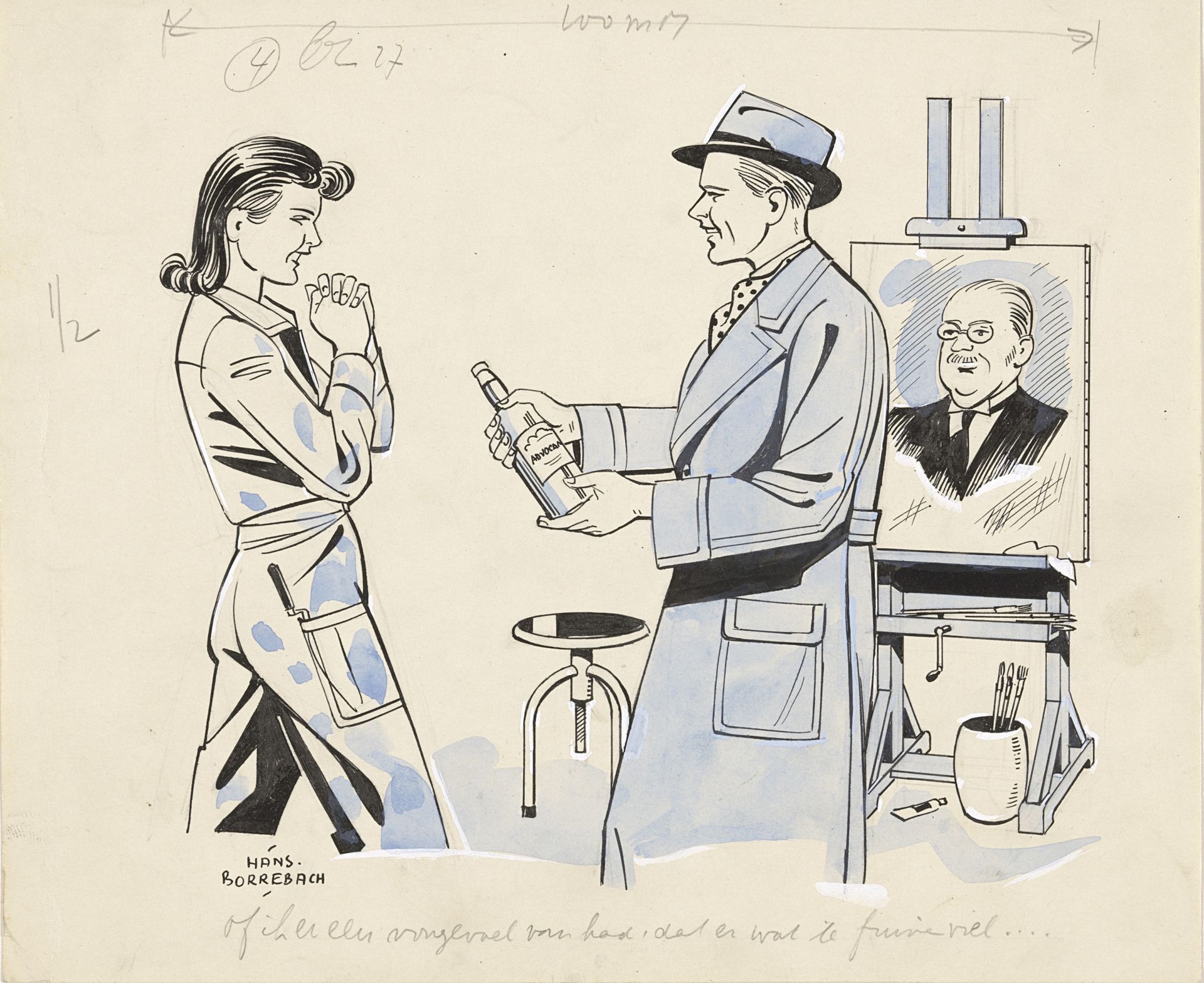 Jonge man reikt Lony een fles advocaat aan by Hans Borrebach