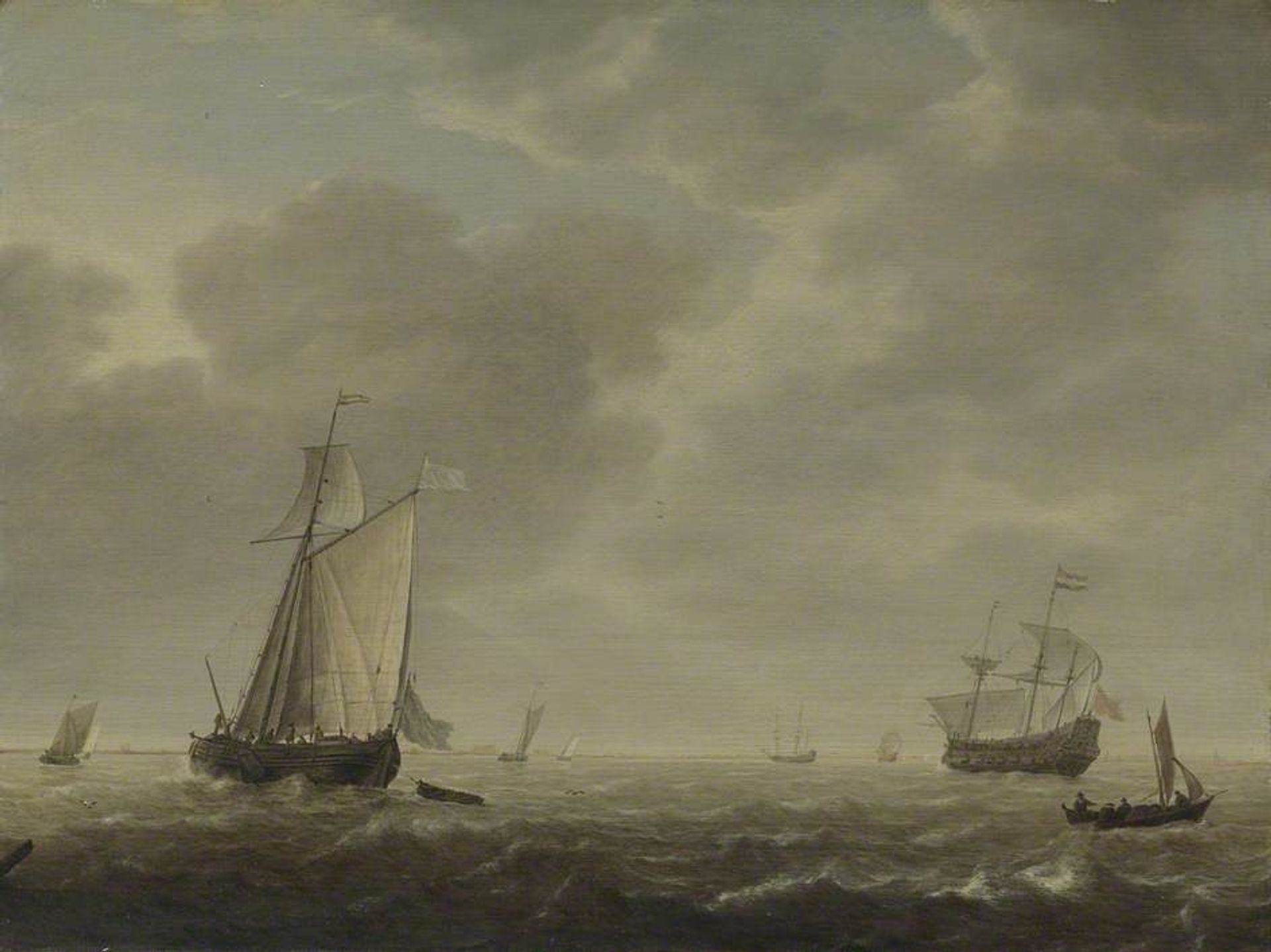 A Dutch Man of War and Various Vessels in a Breeze by Simon de Vlieger