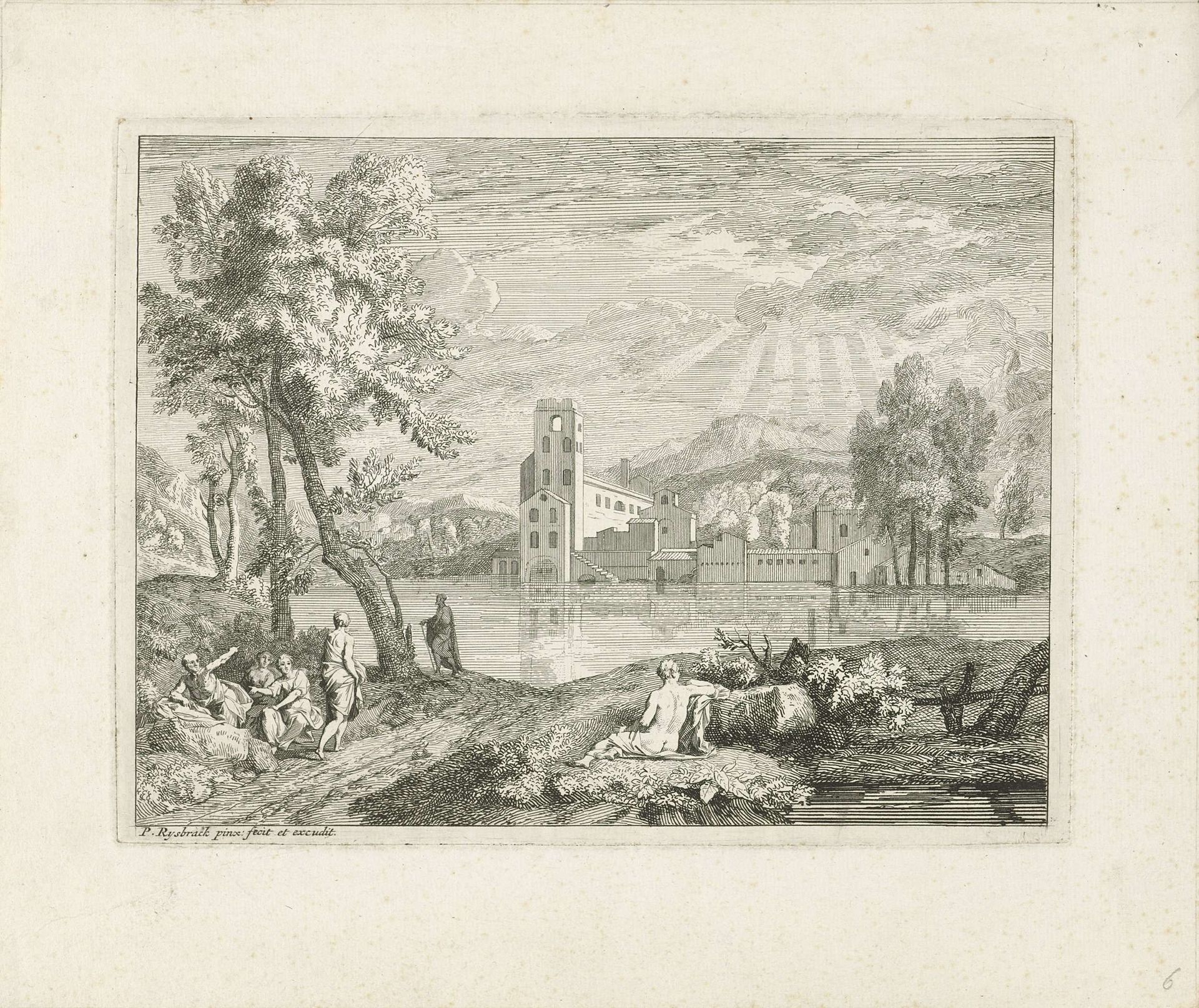 Enige figuren bij een rivier by Pieter Rijsbraeck