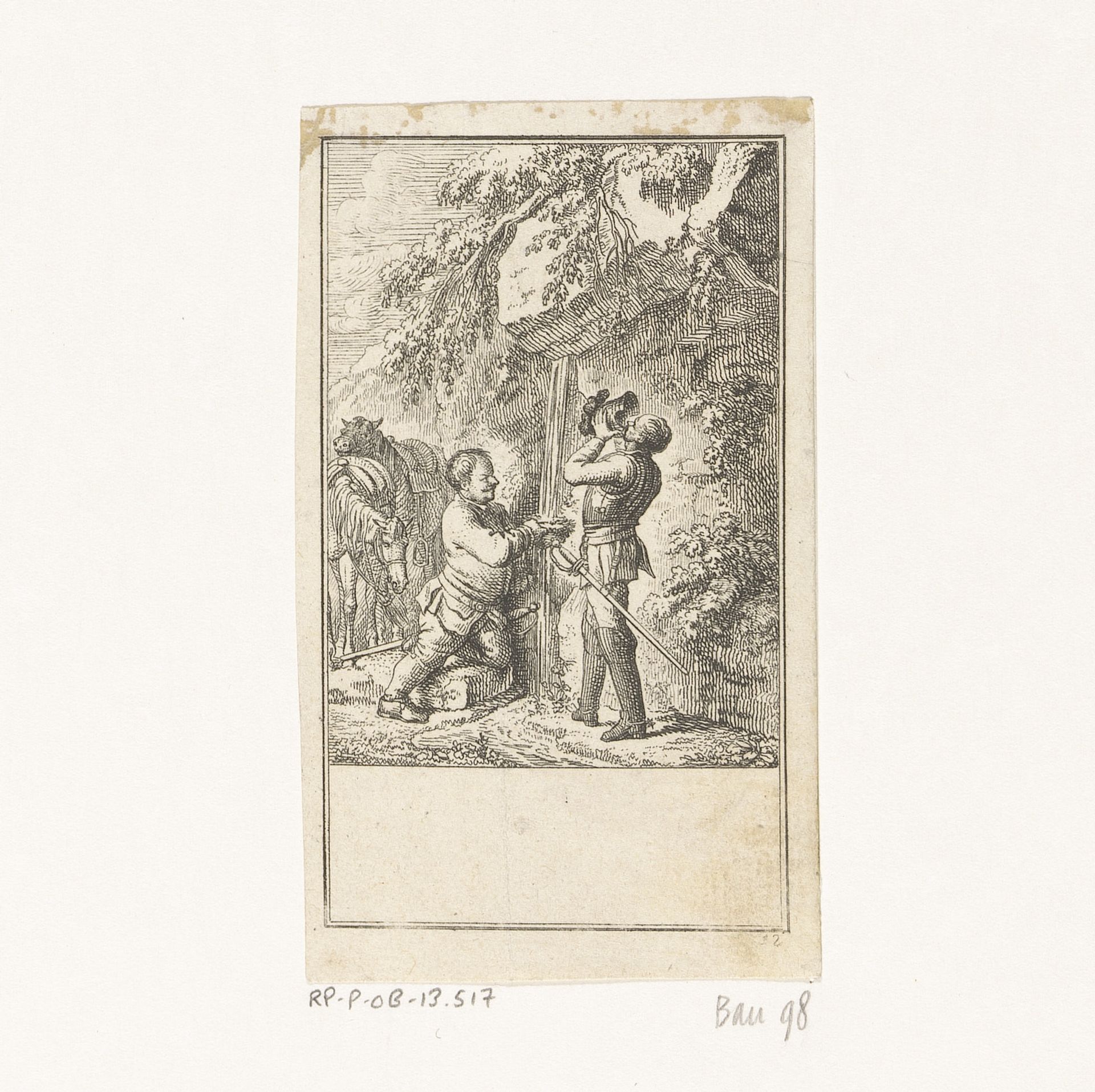 Don Quichot en Sancho Panza drinken water uit een rots by Daniel Nikolaus Chodowiecki