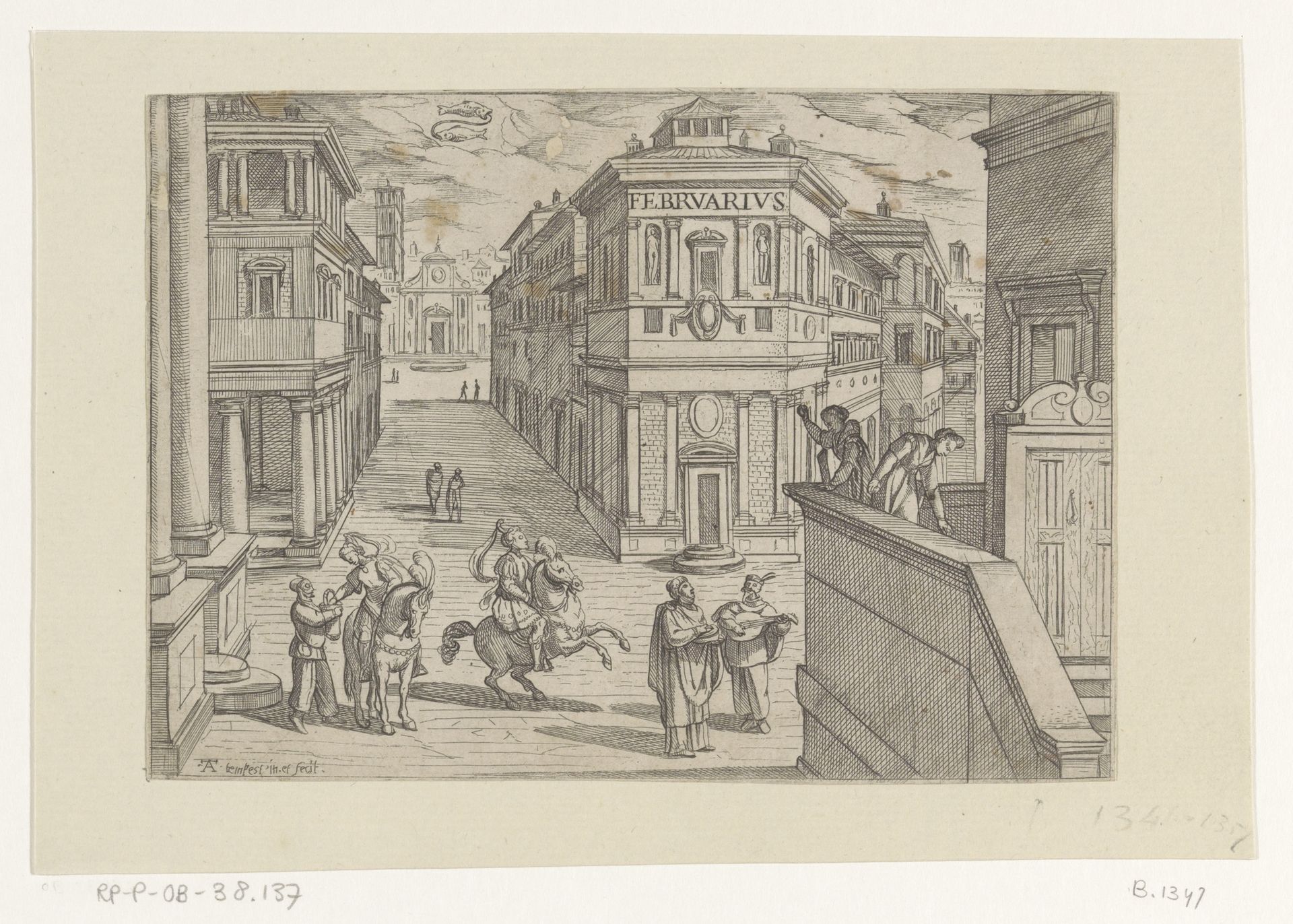 Februari: stadsgezicht met serenade (vissen) by Antonio Tempesta
