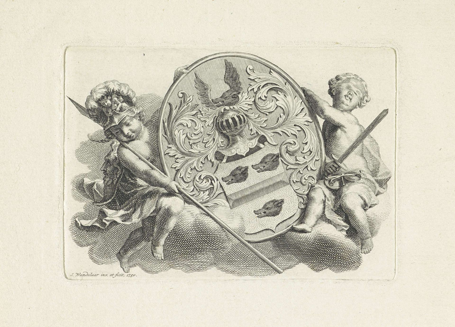 Putti aan weerszijden van een familiewapen by Jan Wandelaar