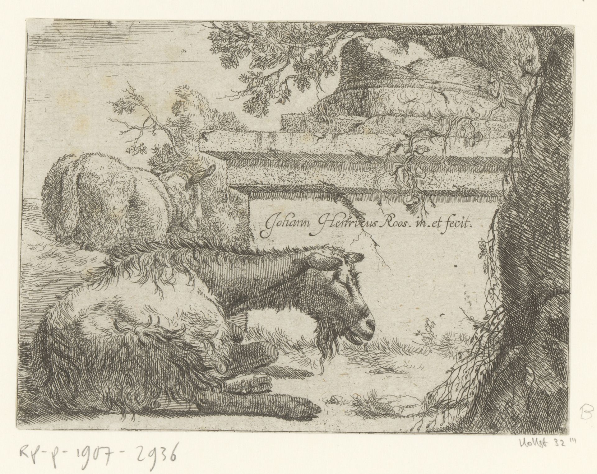 Liggende geit en schaap bij een antieke ruïne by Johann Heinrich Roos