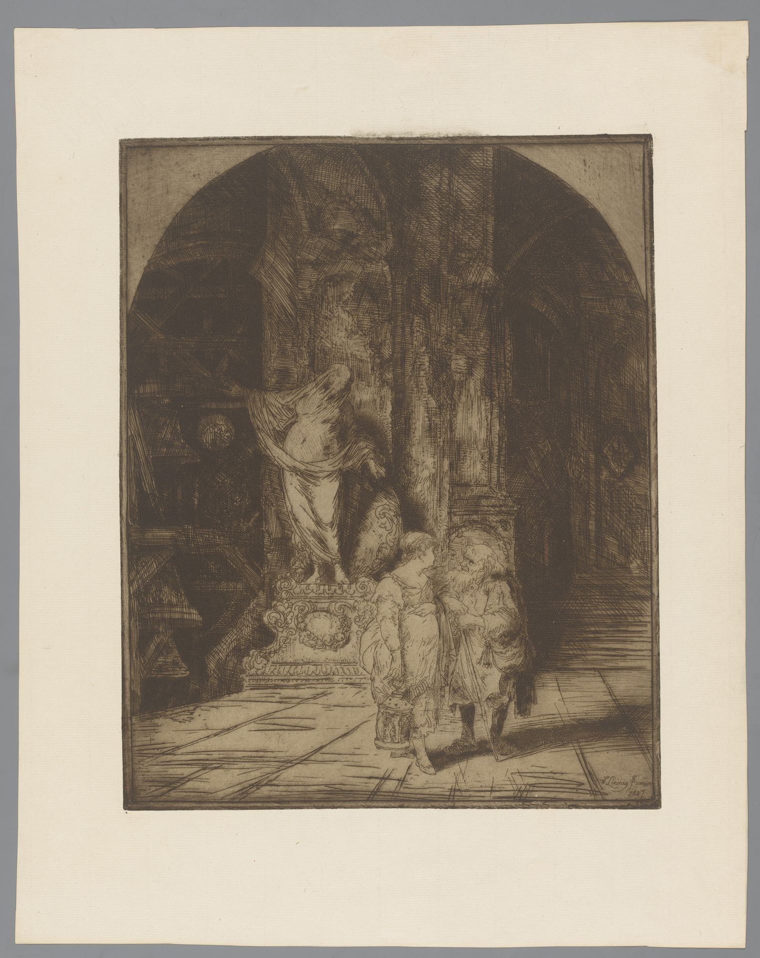 Vrouw met een lantaarn spreekt met een oude man in een klokkentoren by Willem (II) Linnig