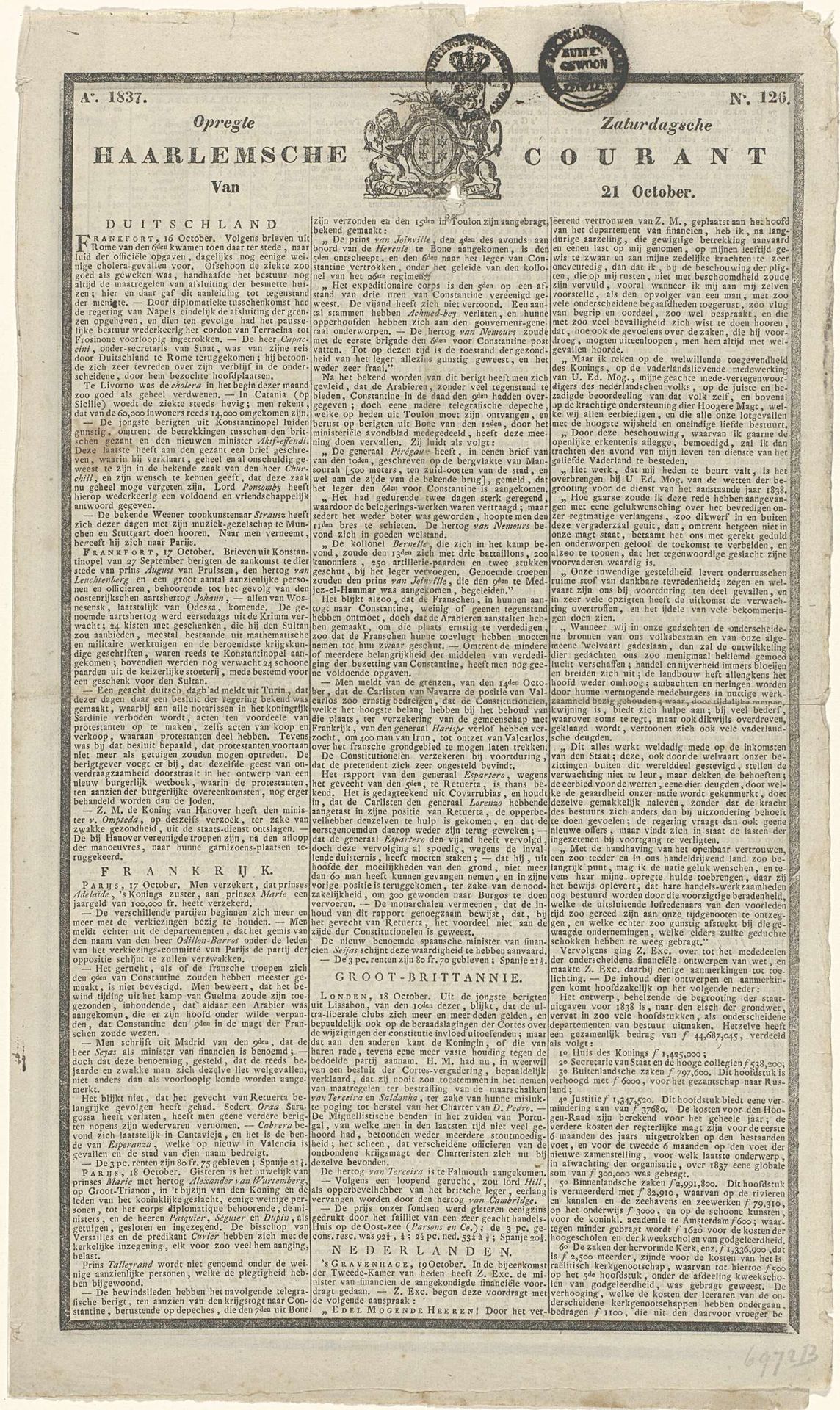 Opregte Zaturdagsche Haarlemsche Courant van 21 Oktober. Ao. 1837. No. 126 by Johan Enschedé & Zn.