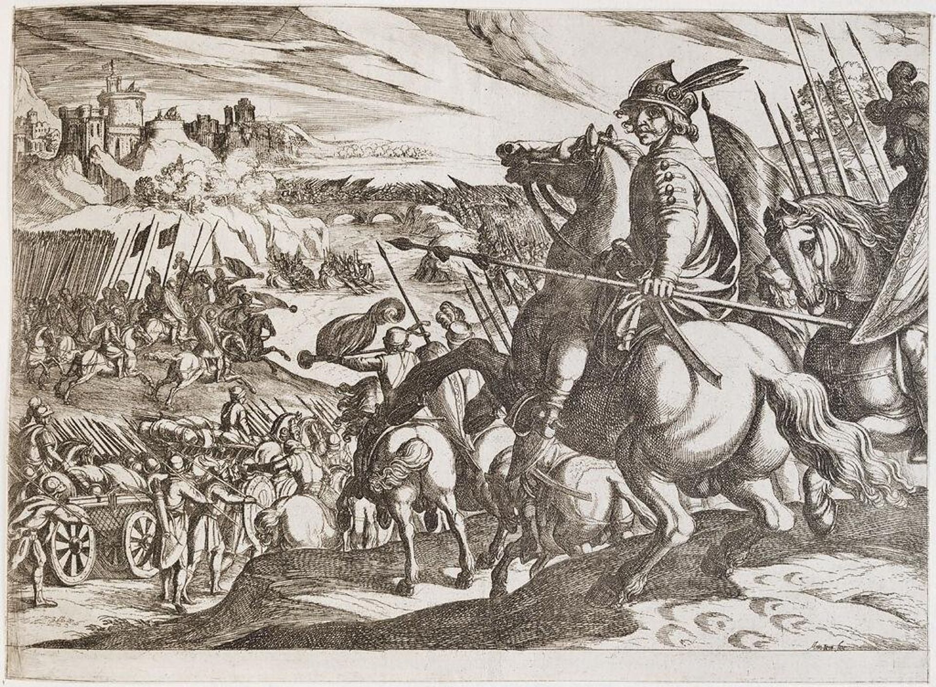 An Army Attacking across a Bridge, with a Cavalryman in the Foreground by Antonio Tempesta