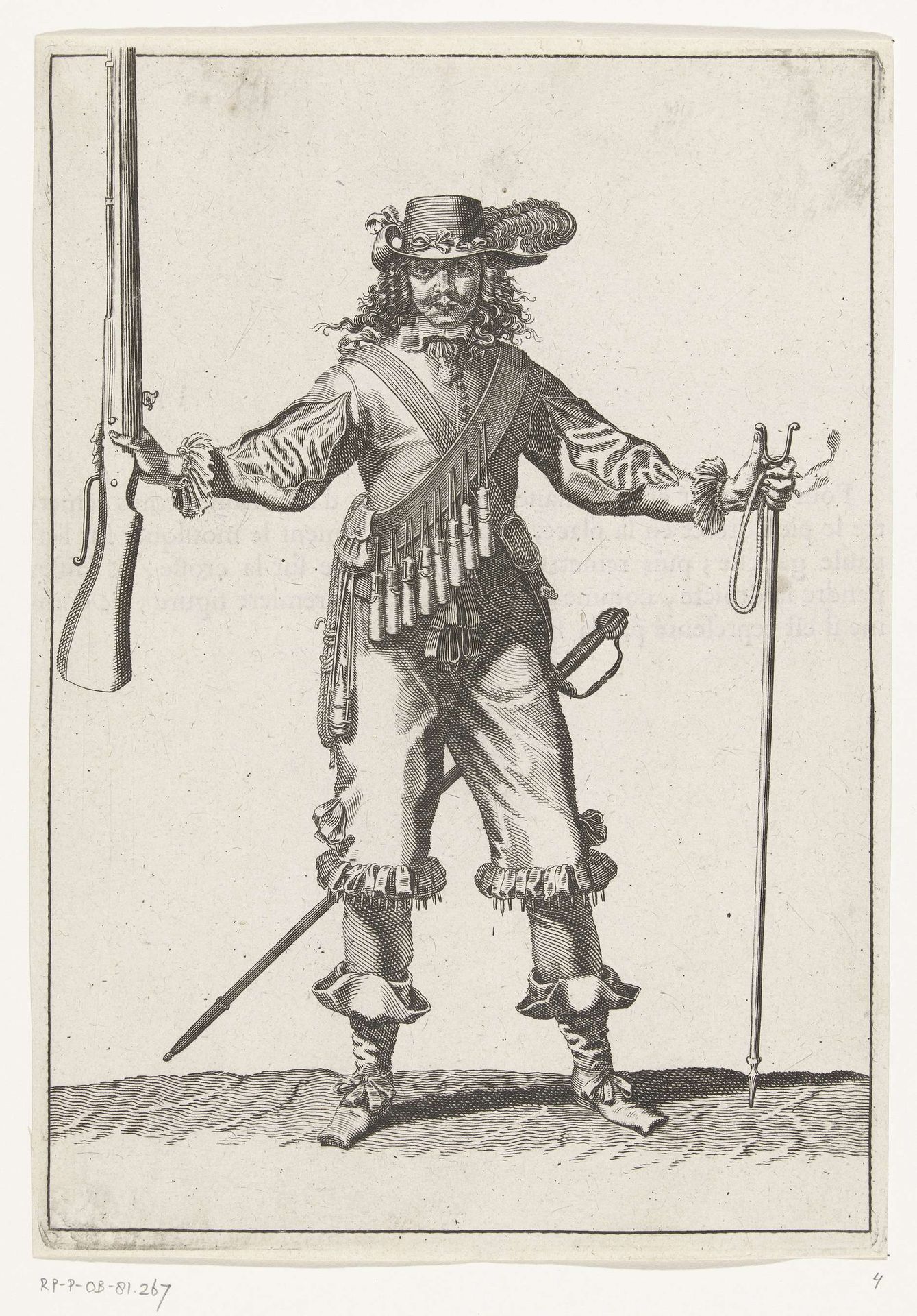 Soldaat met gestrekte armen houdend zijn musket in zijn rechterhand en zijn furket in zijn linkerhand, ca. 1645 by Petrus Rucholle