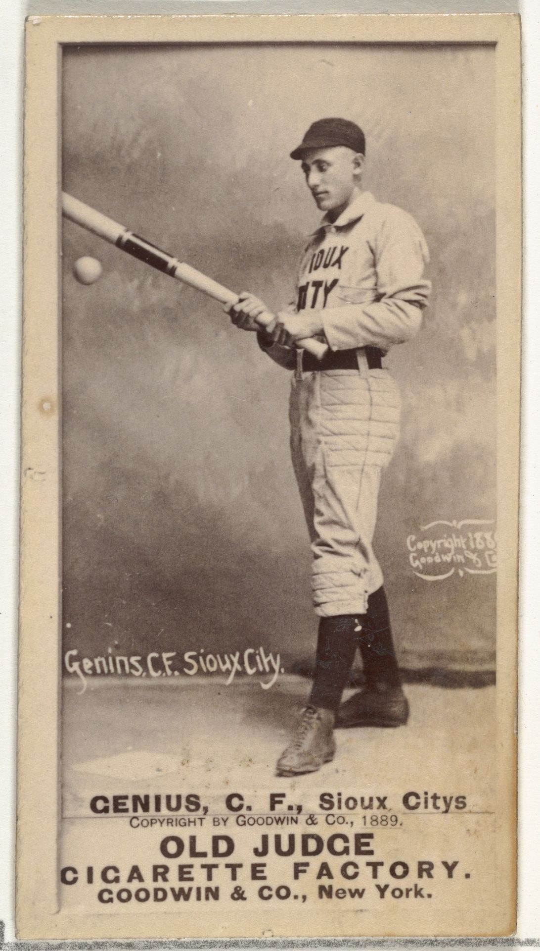 C. Frank Genins, Center Field, Sioux City Corn Huskers, from the Old Judge series (N172) for Old Judge Cigarettes by Goodwin & Company