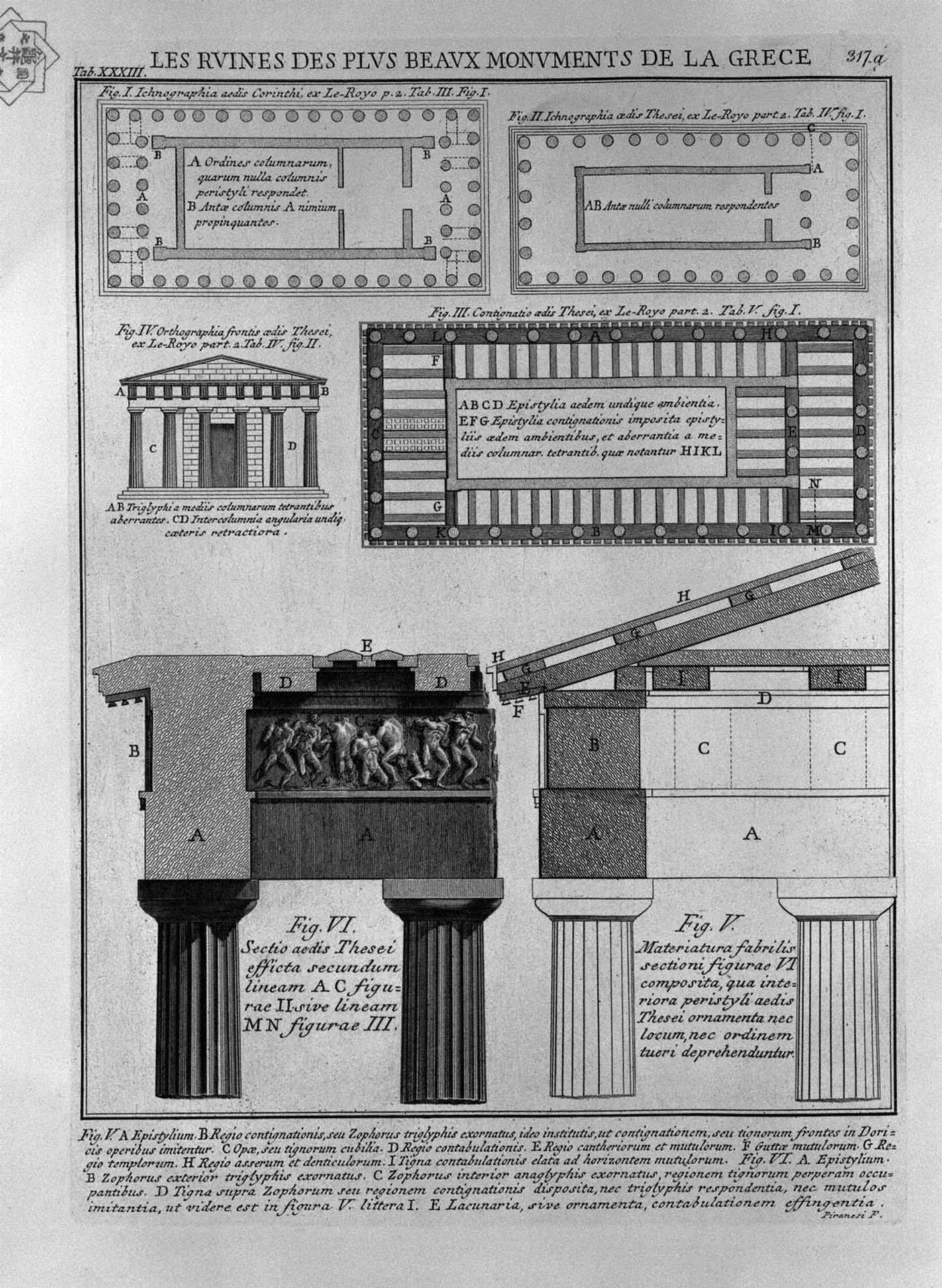 Plan, elevation and details of Doric temples in Greece (from Le Roy) by Giovanni Battista Piranesi