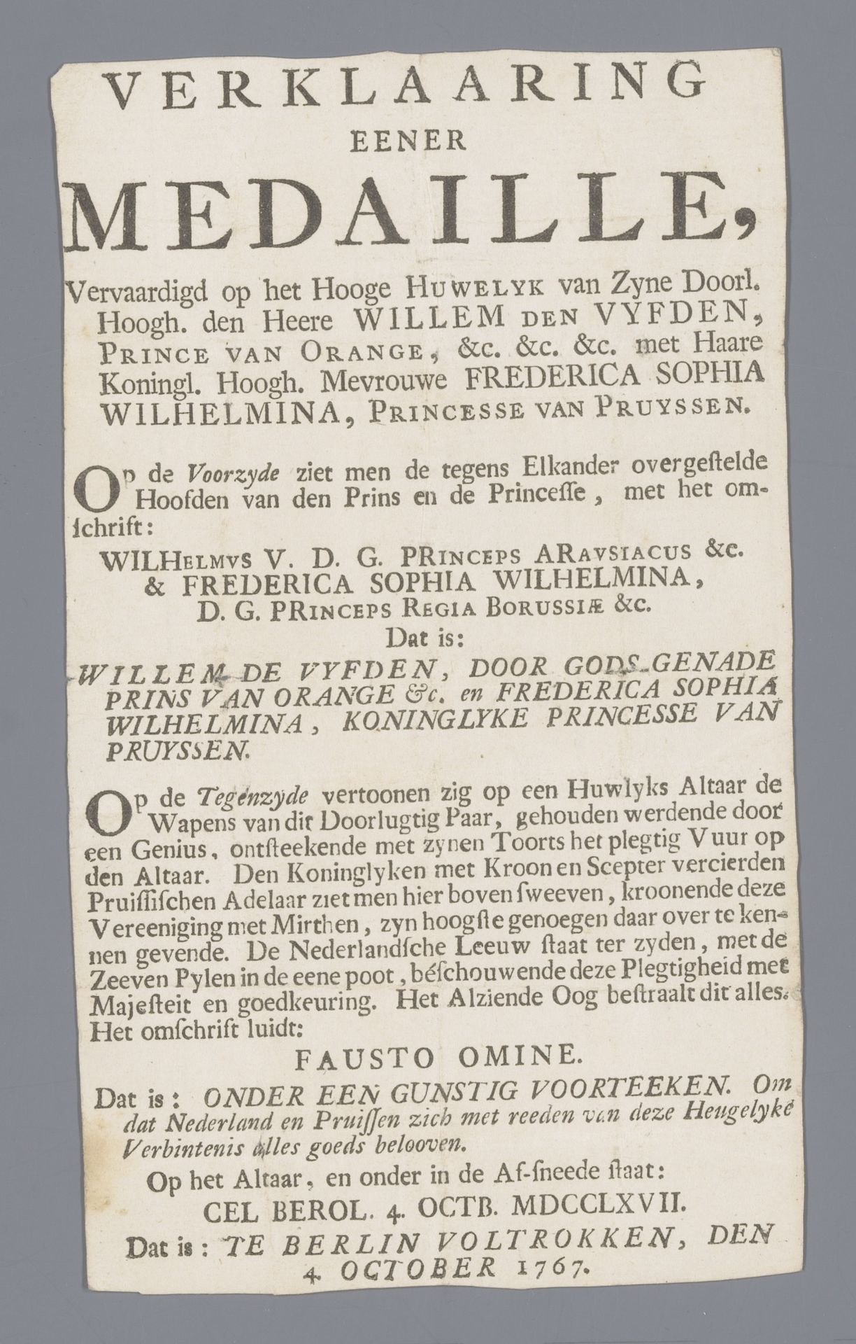 Verklaring van de penning door Johan George Holtzhey geslagen op het huwelijk van Willem V, prins van Oranje-Nassau en Wilhelmina Frederica Sophia van Pruisen te Berlijn by Anonymous