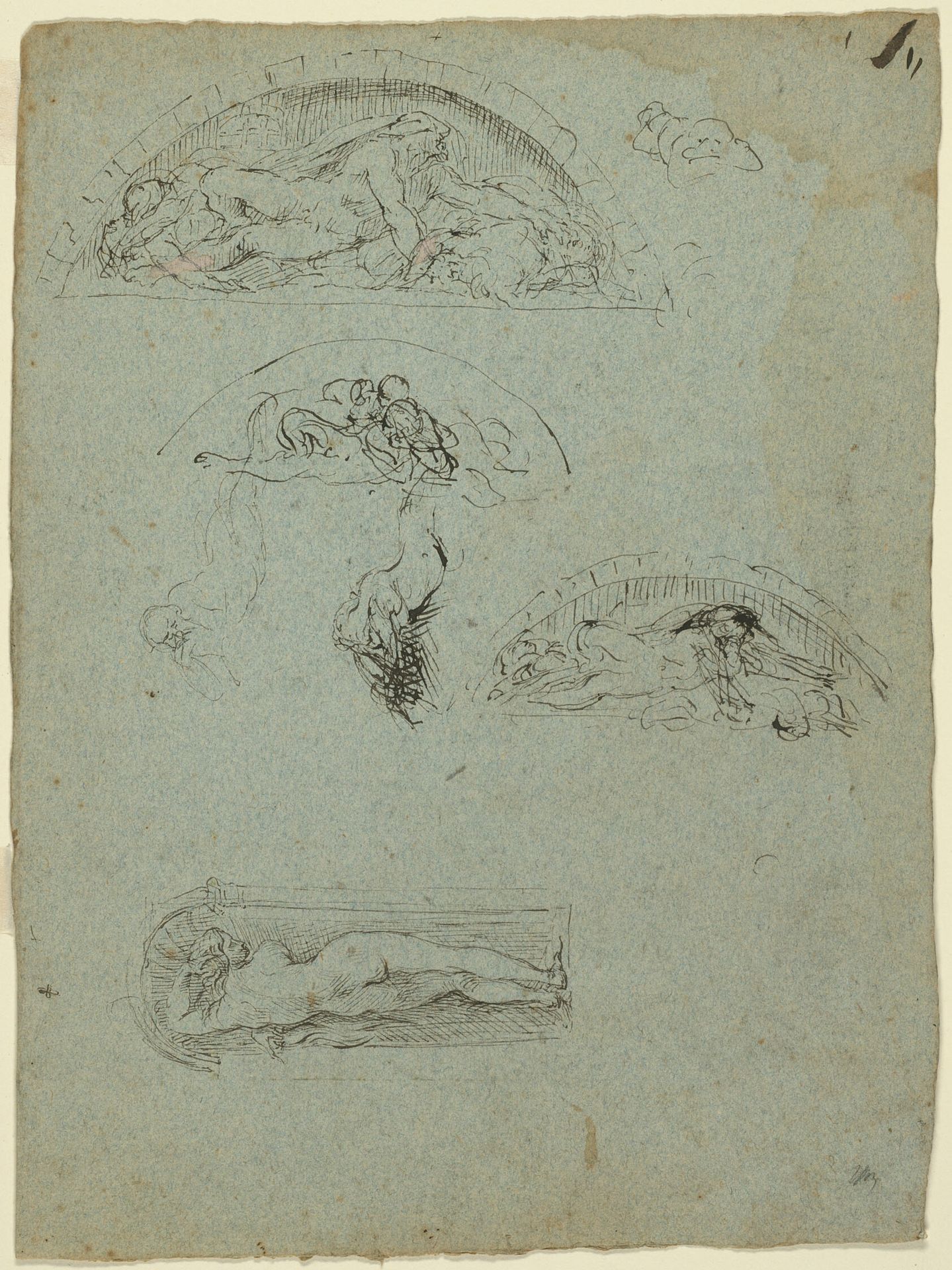 Standing Figure in a Niche and Studies for the Ugolino Group (recto); Red-Robed Prelate in a Crowd (verso) by Jean-Baptiste Carpeaux