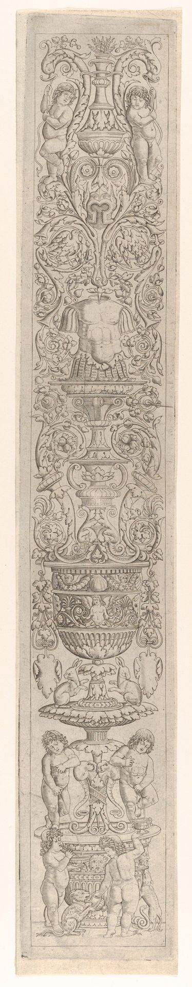 Candelabra grotesque with four children with a cat and a dog, from a series of twelve candelabra grotesques by Giovanni Antonio da Brescia
