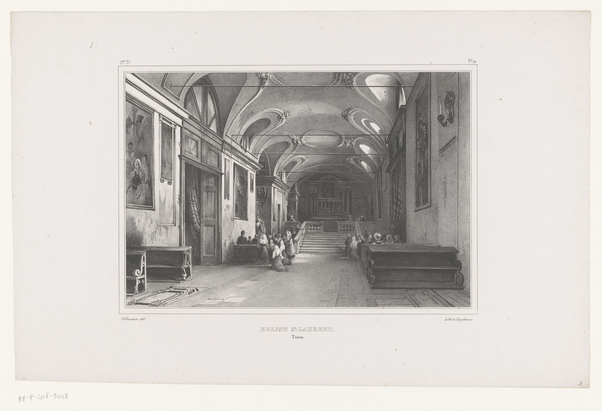 Gezicht op het interieur van de Chiesa di San Lorenzo te Turijn by Louis Jules Frederic Villeneuve