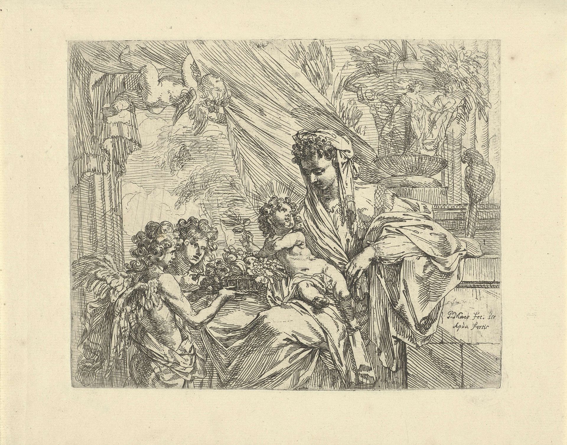 Maria met Kind aanbeden door engelen by Godfried Maes