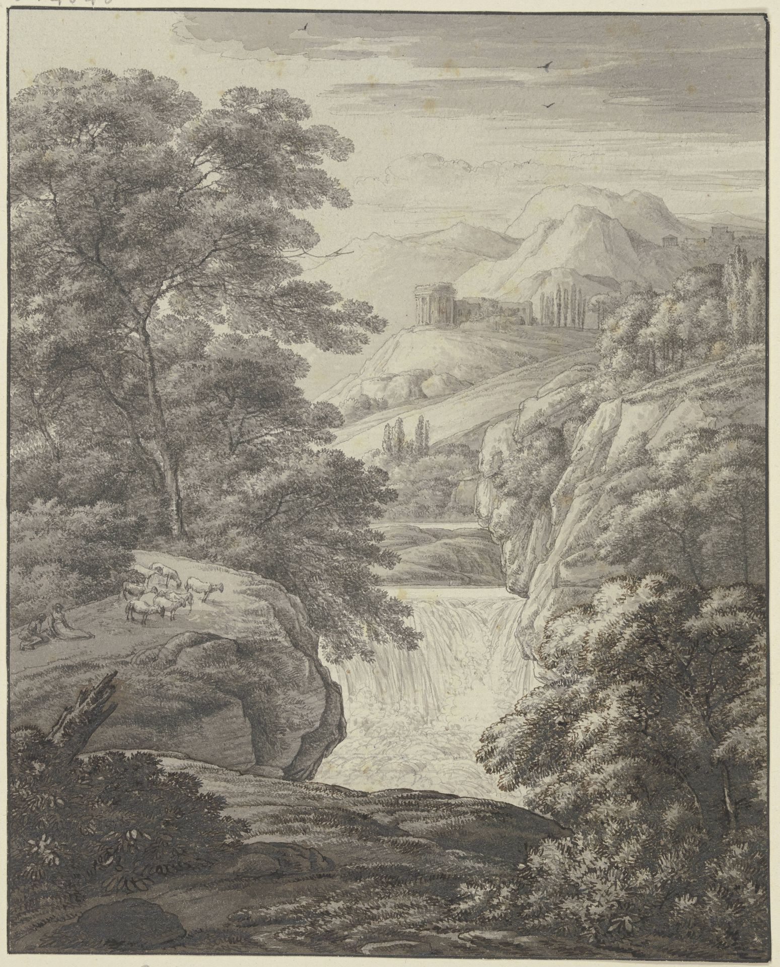 Gebirgslandschaft mit Wasserfall und antiken Ruinen by Franz Kobell
