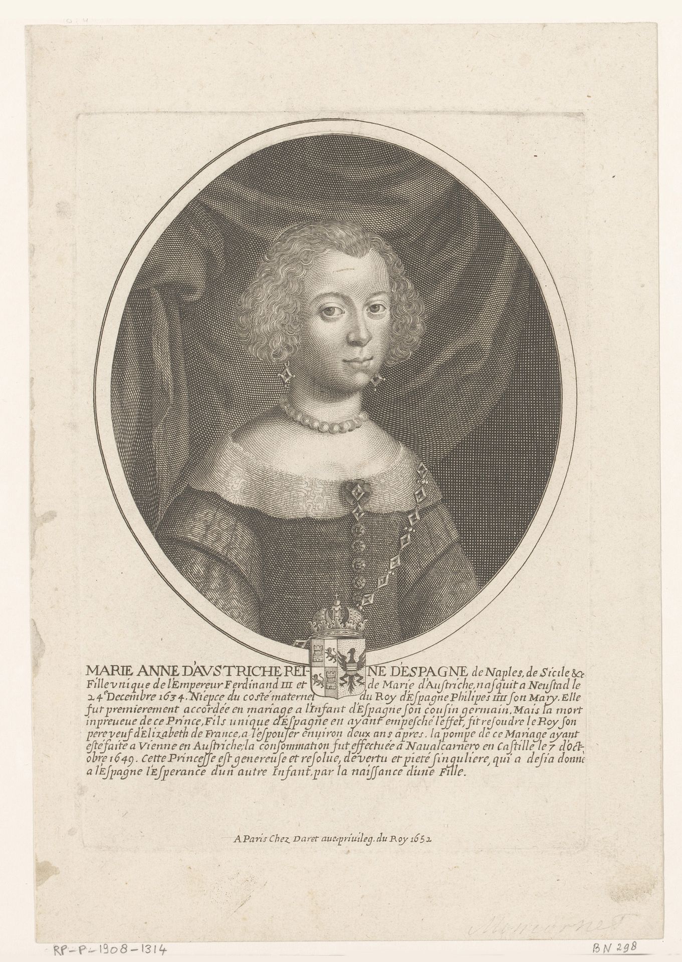 Portret van Maria Anna van Oostenrijk by Pierre Daret