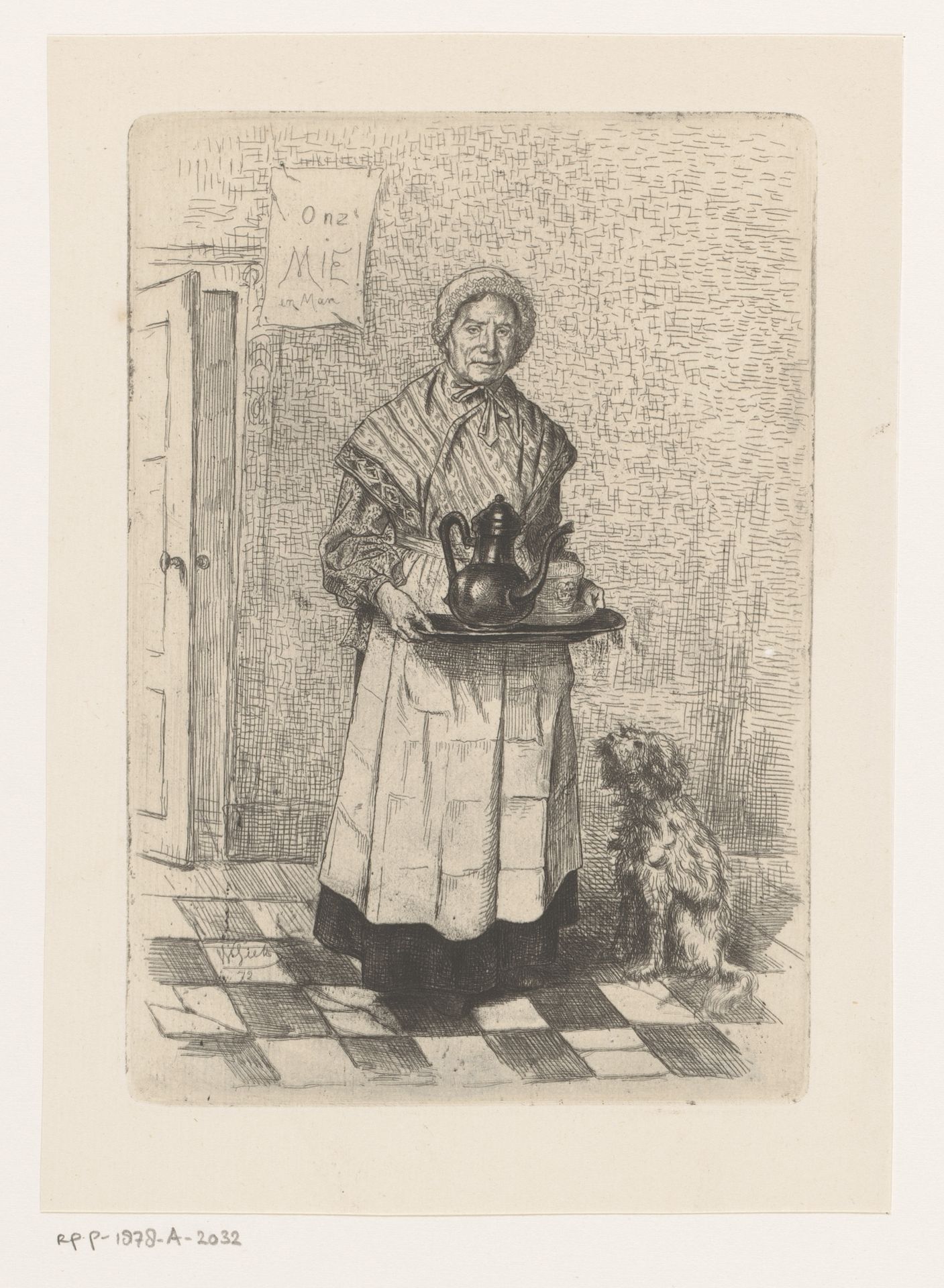 Oude vrouw met dienblad by Willem Geets