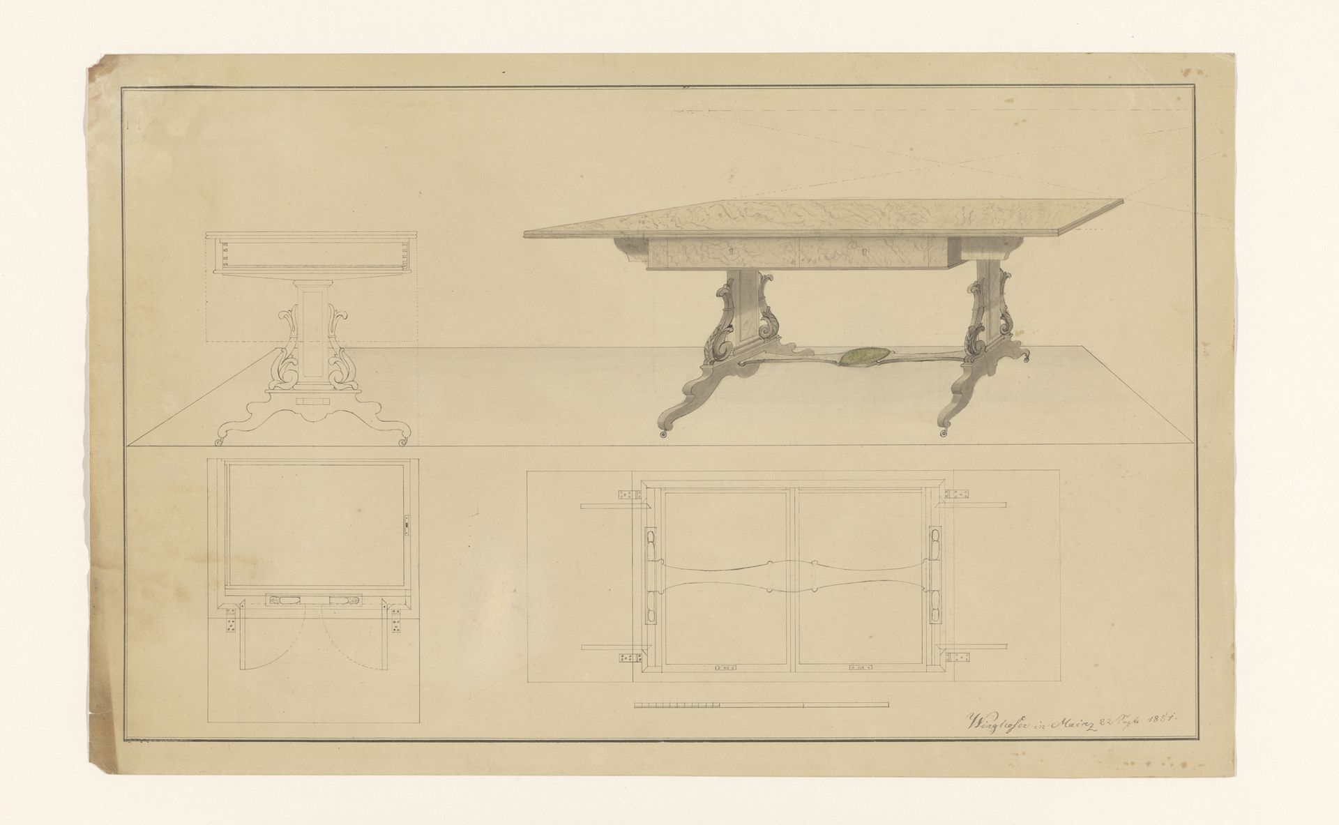 Ontwerp voor een uitklaptafel met zijaanzicht en plattegronden onder beide aanzichten by B. Winghofer