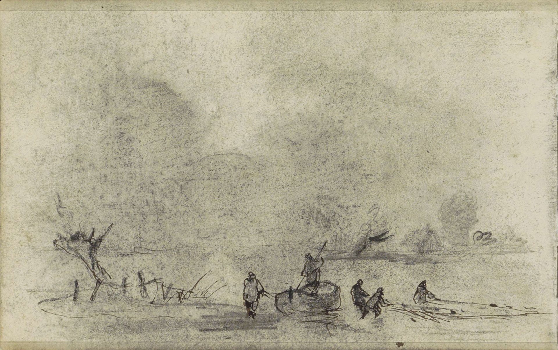 Vissers met een net bij een boot by Johannes Tavenraat
