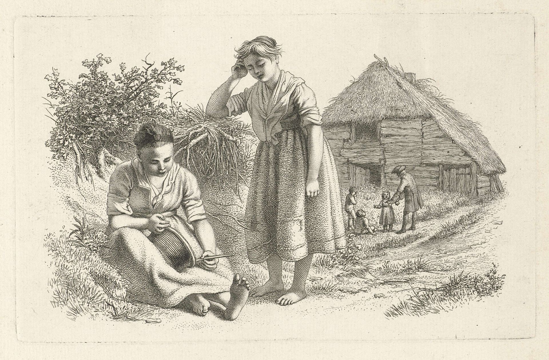 Twee vrouwen en een man met kinderen voor een boerenschuur by Jacob Ernst Marcus
