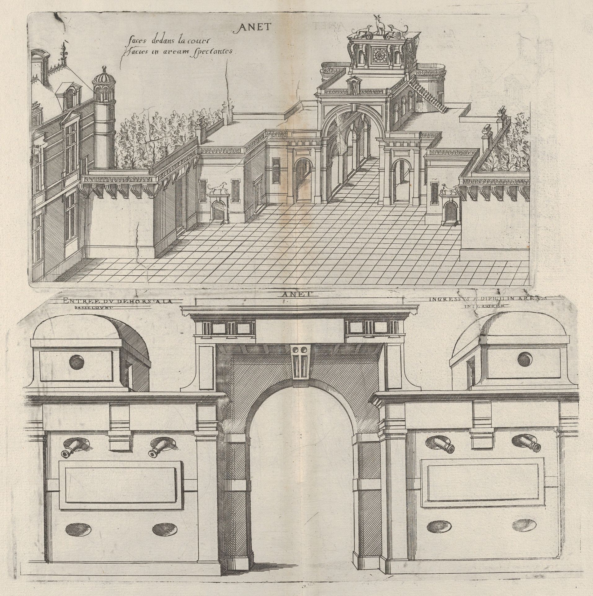 Interior View of the Court Yard and Frontal View of the Defense Mechanism at Chateau d'Anet by Jacques Androuet Du Cerceau