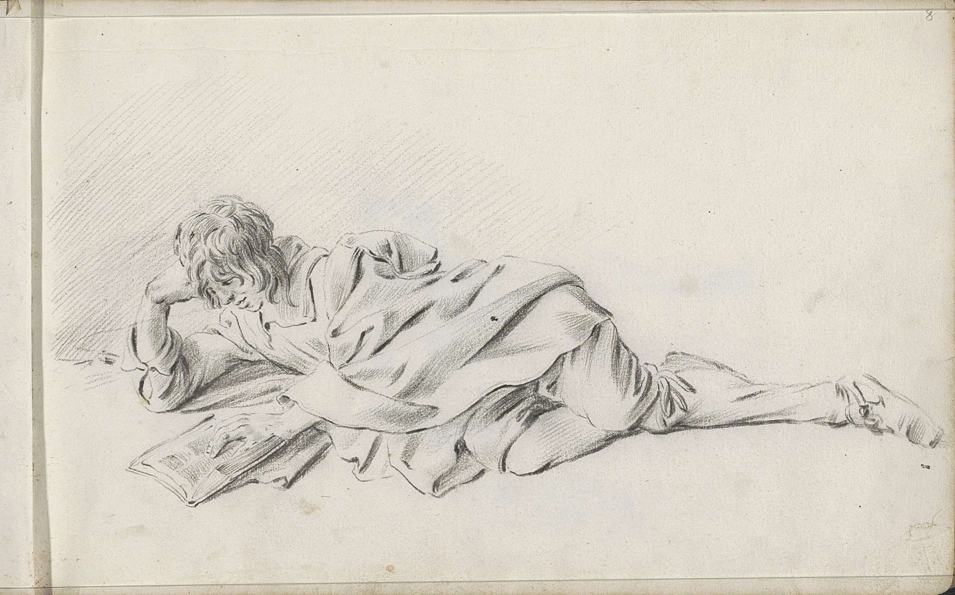 Liggende jongen lezend in een boek by Pieter Moninckx