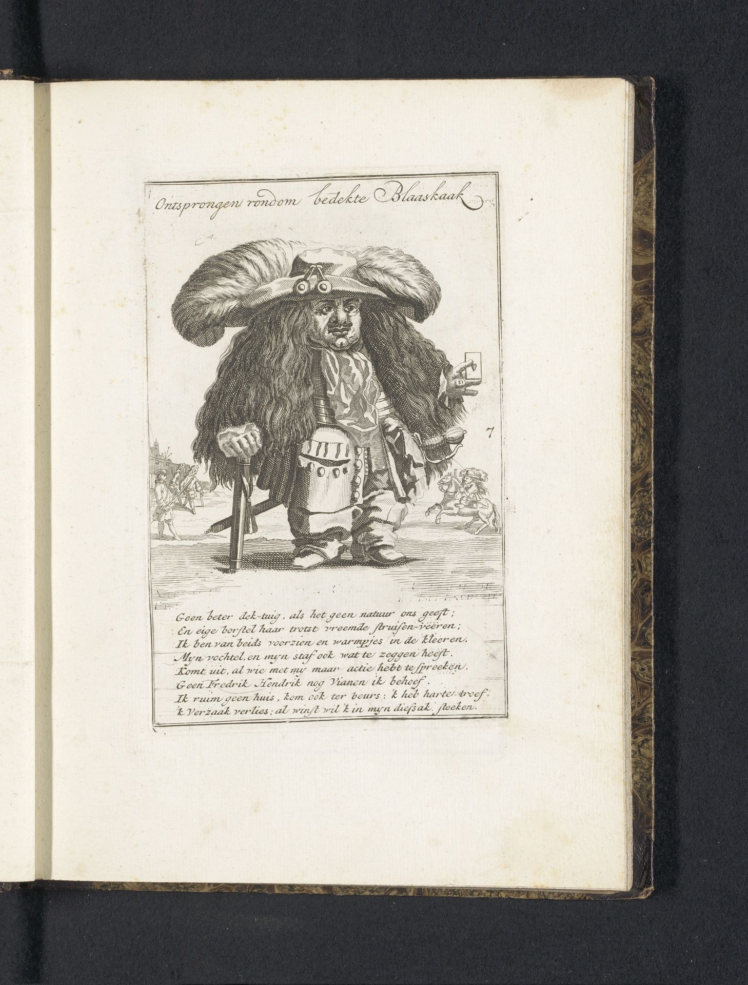 Dwerg als officier met grote verenhoed en een speelkaart in de hand, 1720 by Andries van (Sr.) Buysen