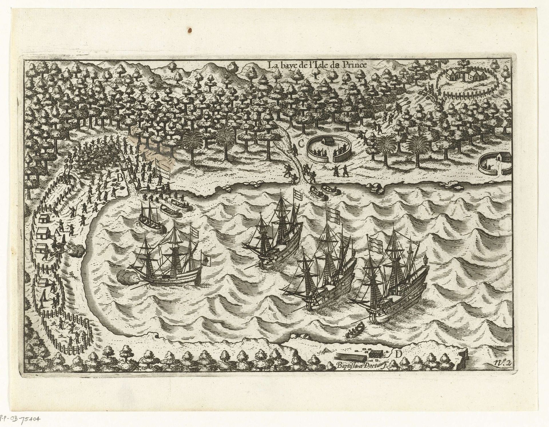 Beschieting van Portugezen op Principe, 1598 by Baptista van Doetechum