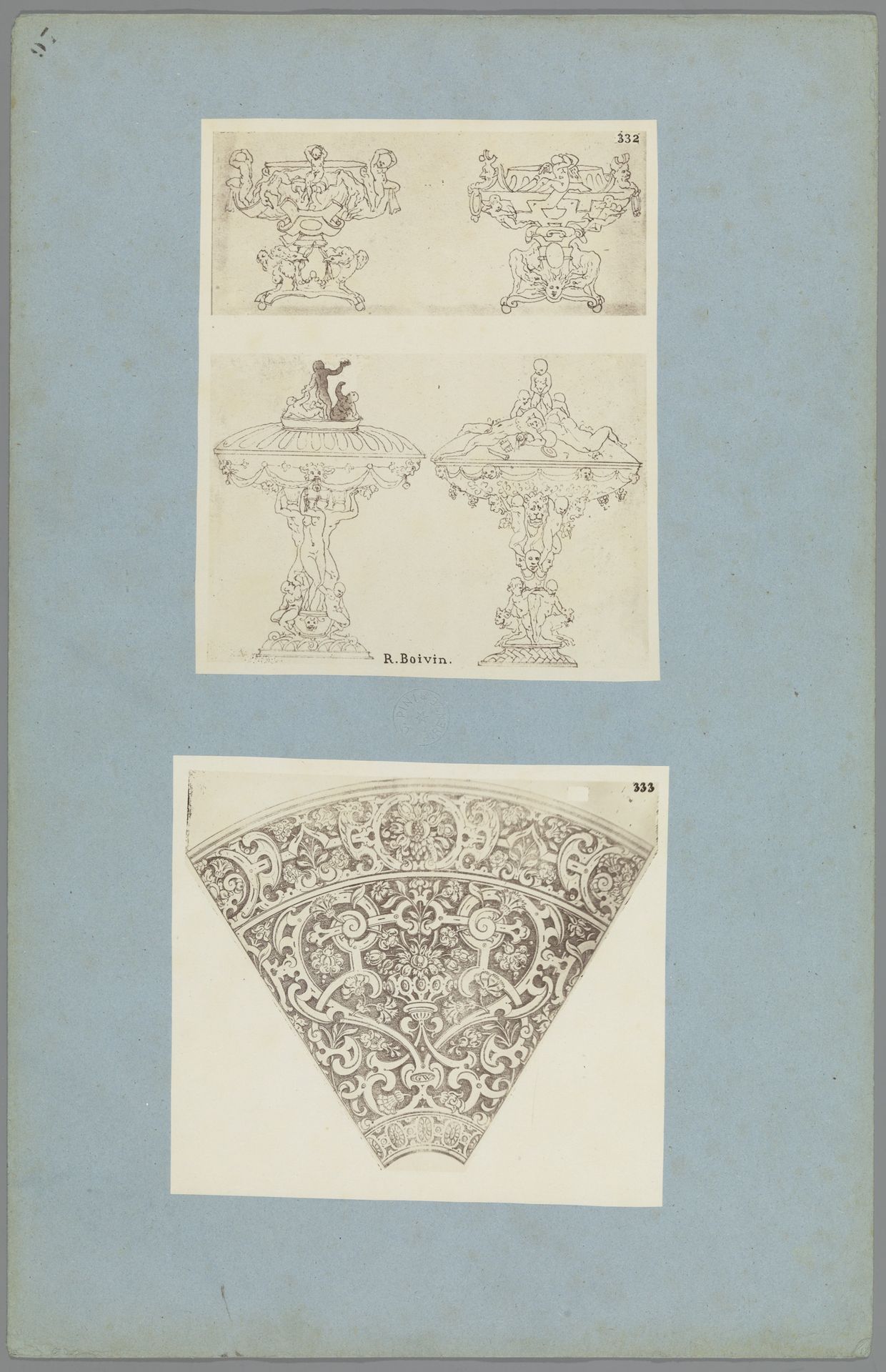 Twee fotoreproducties van ornamenttekeningen en een ornamentprent by Anonymous