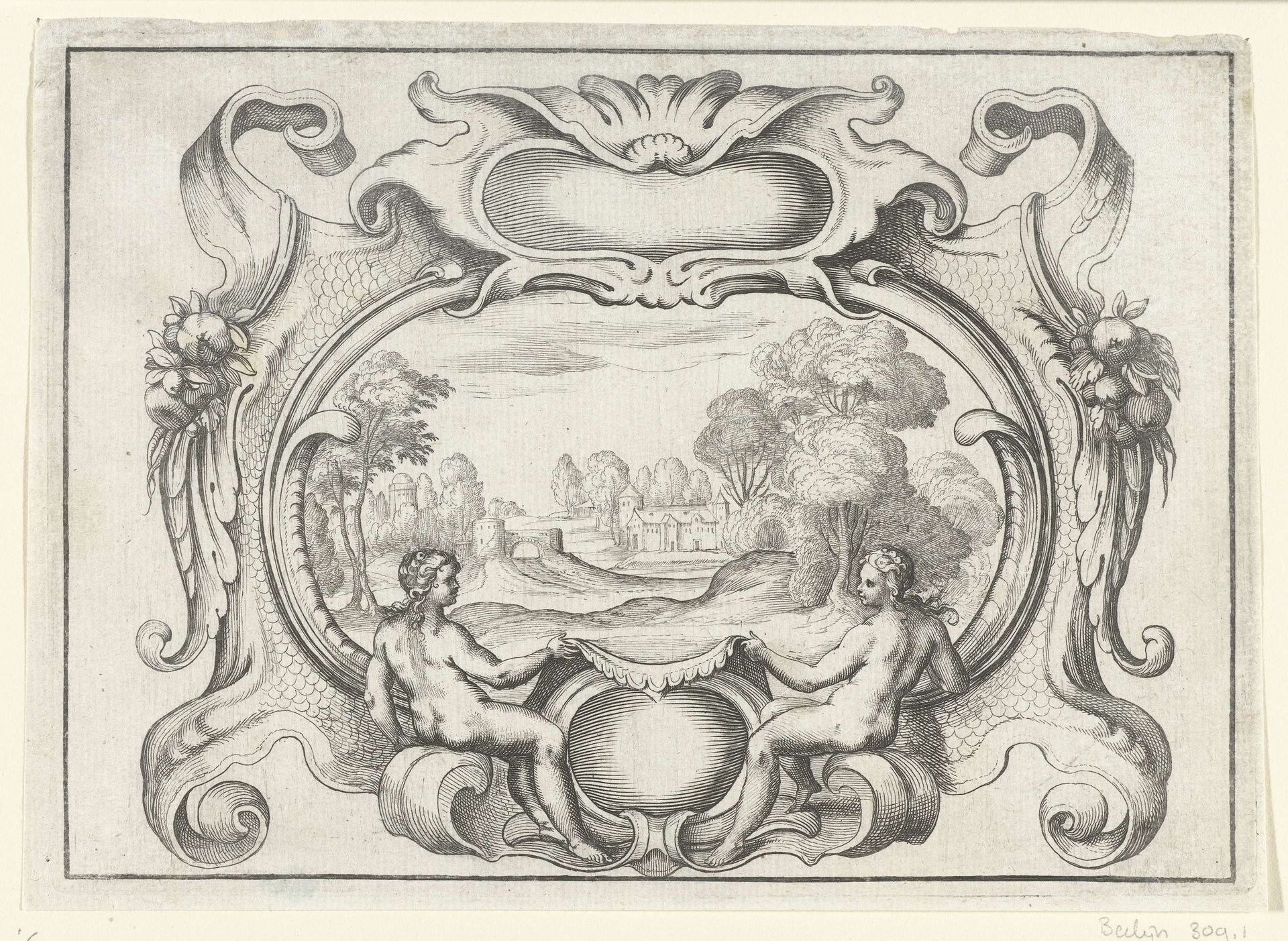 Cartouche met lege compartimenten en naakte vrouwen by Daniel Rabel