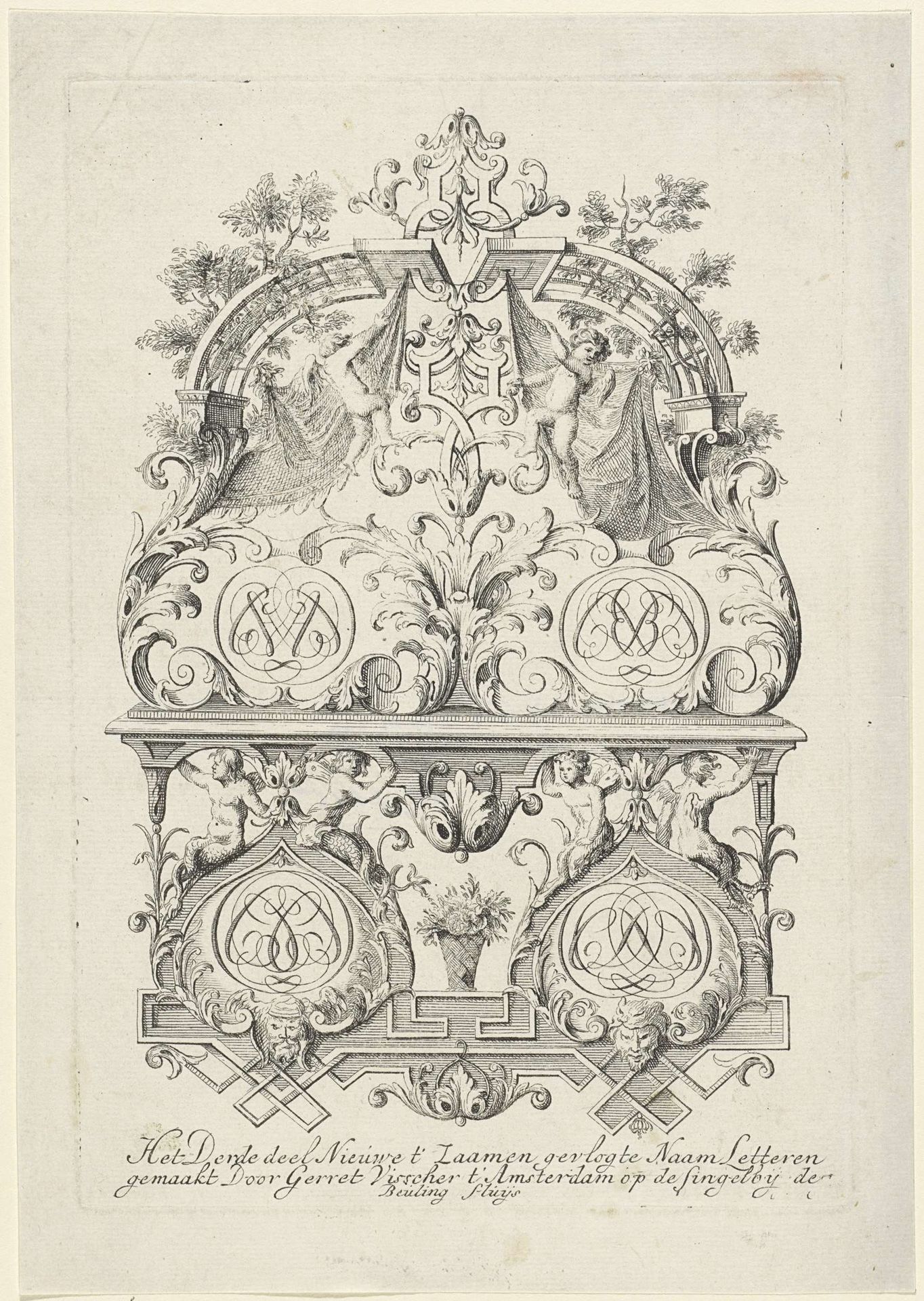 Ornament met putti, hybride figuren en vier monogrammen by Gerrit Visscher