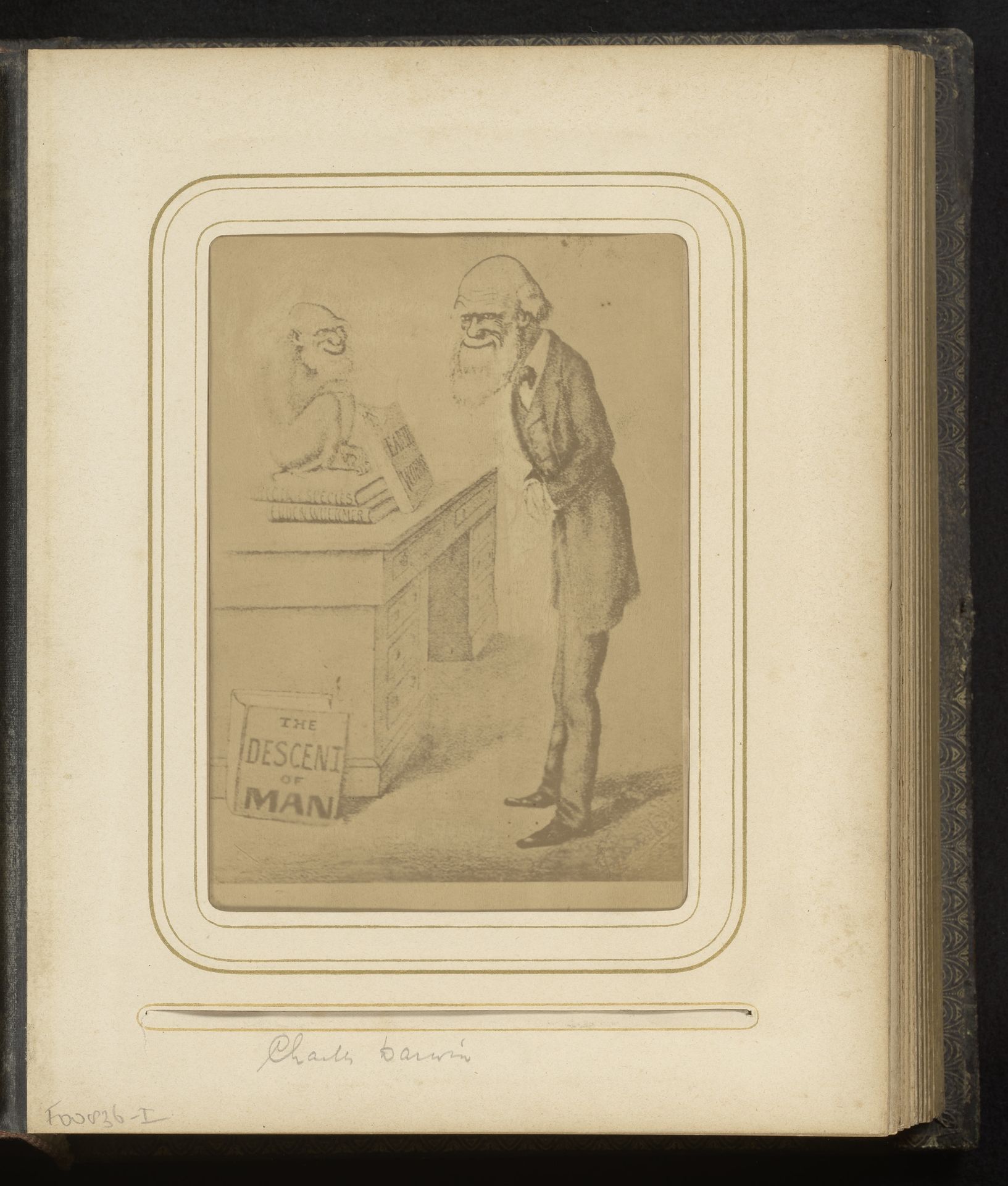 Fotoreproductie van spotprent: Die Abstammung des Menschen, Darwin gelijkend op een aap op zijn boeken zittend by Anonymous