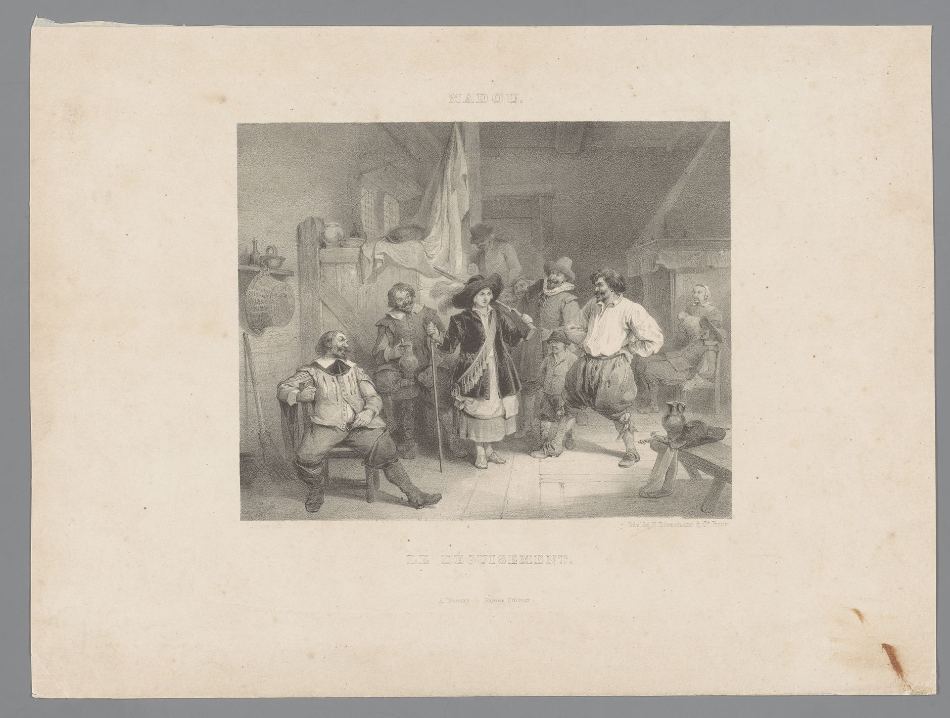 Gezelschap in een interieur met persoon in vermomming by Paulus Lauters