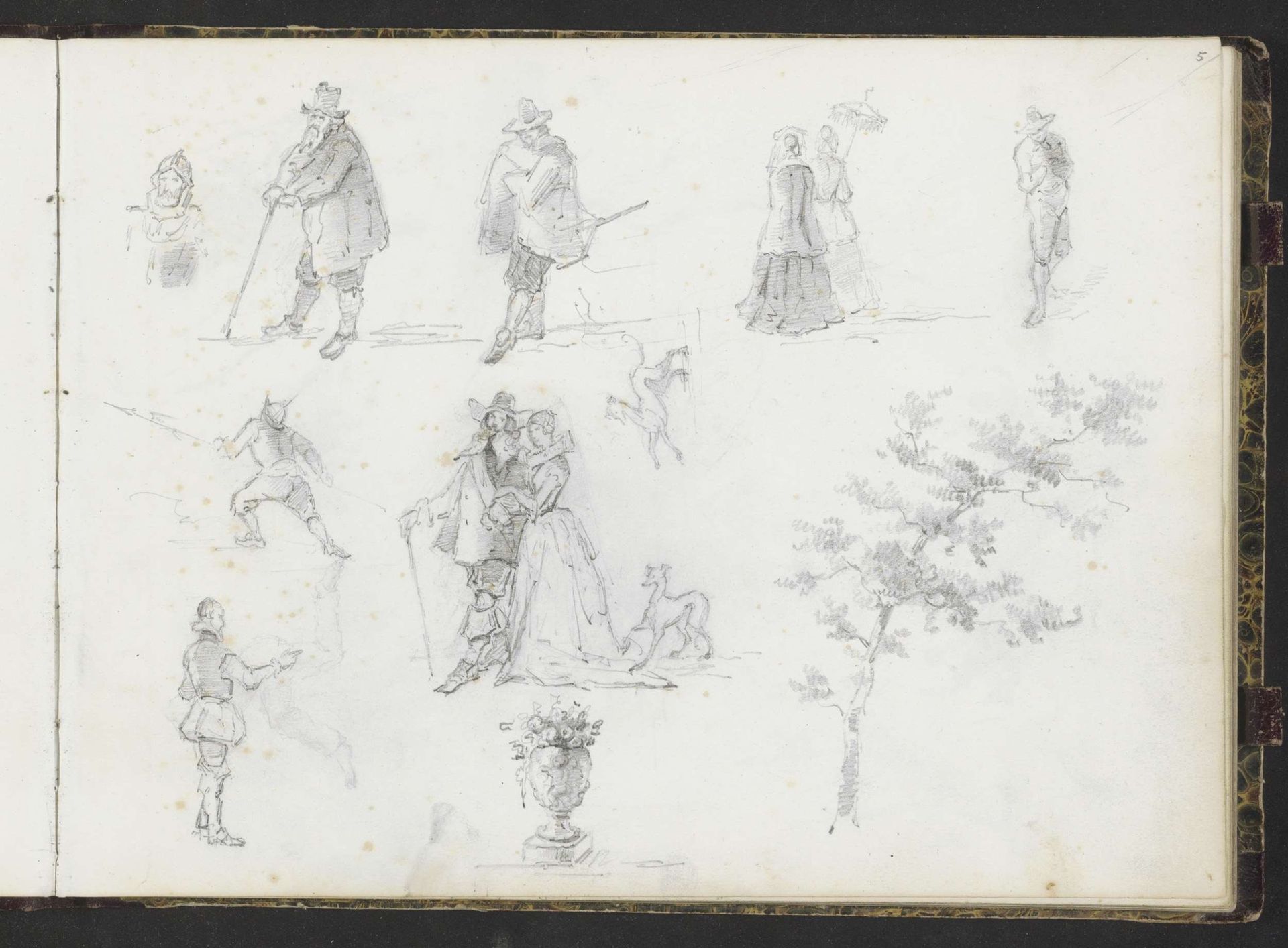 Studieblad met figuren, honden, een vaas en boom by Lambertus Lingeman