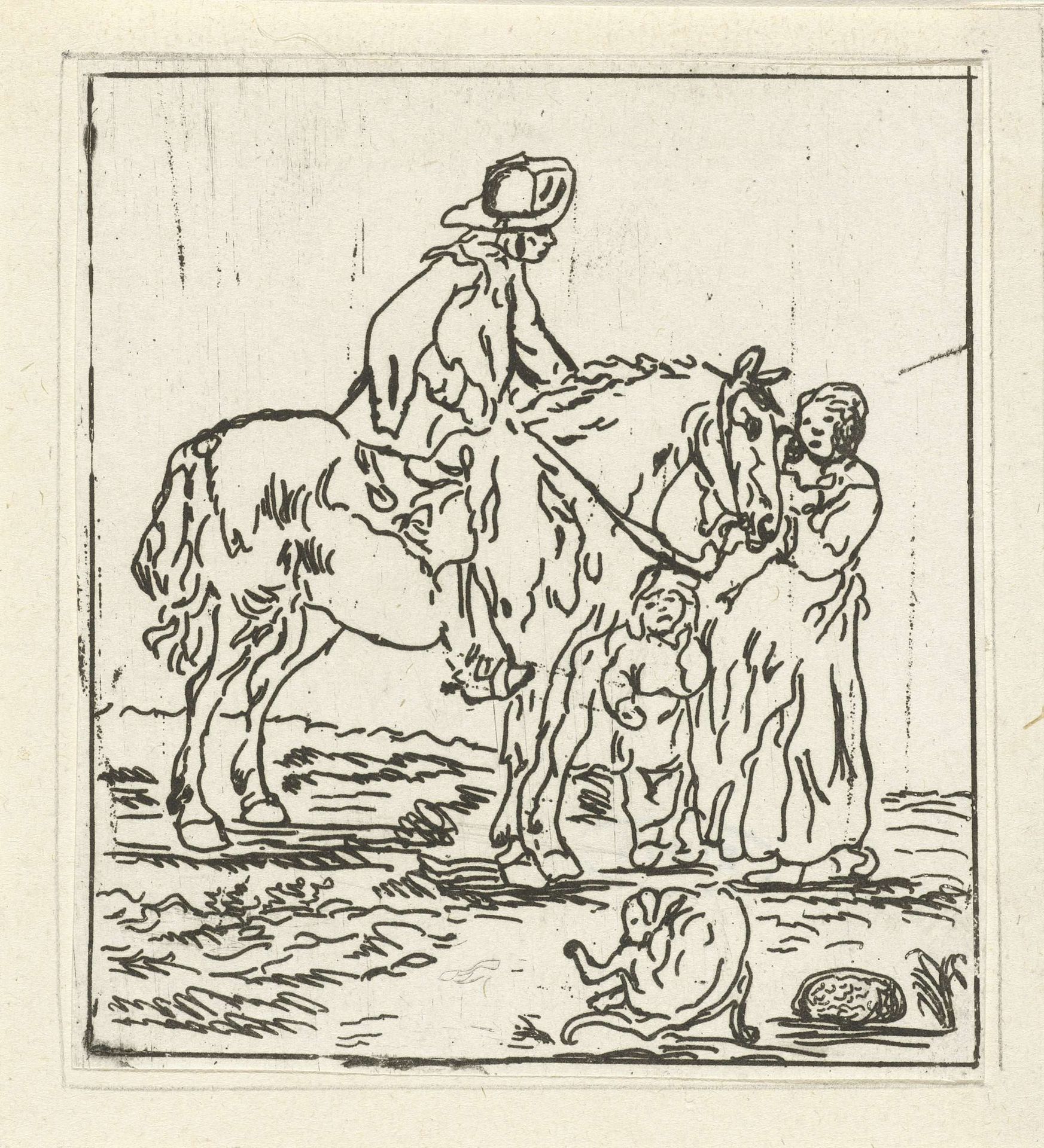Man te paard bij vrouw en kind by Jacob Hoolaart