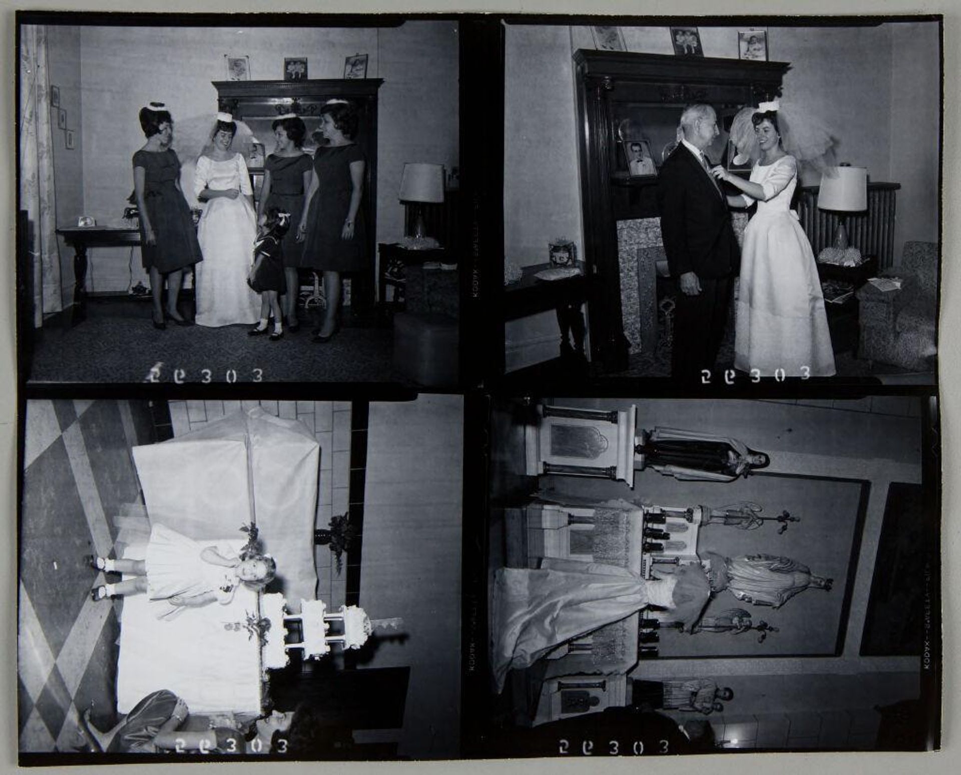 Untitled (three photographs: bride posed with three bridesmaids and smiling at flower girl; bride adjusting father's tie by fireplace; bride facing Catholic altar as groom looks on) by Martin Schweig