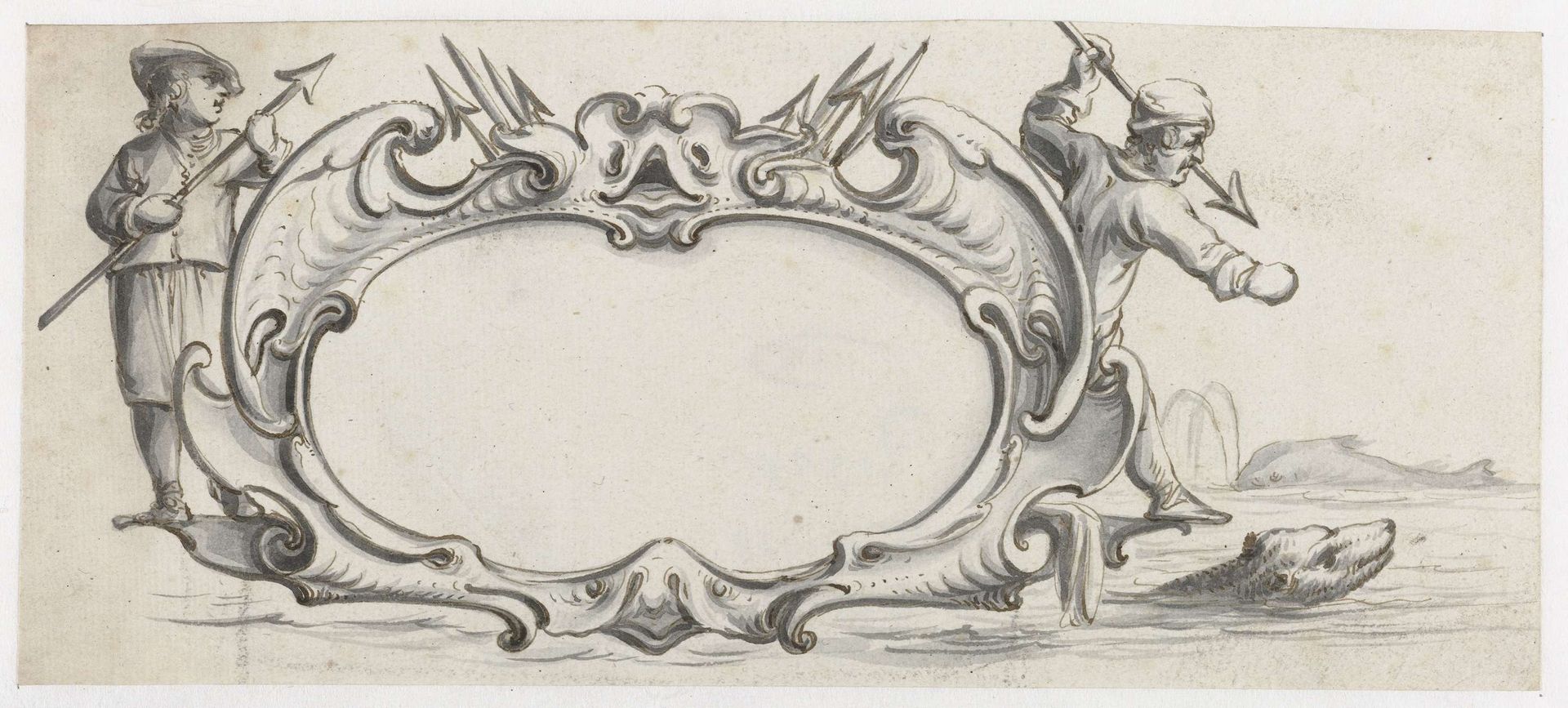 Cartouche met aan weerskanten een jager by Pieter Jansz.