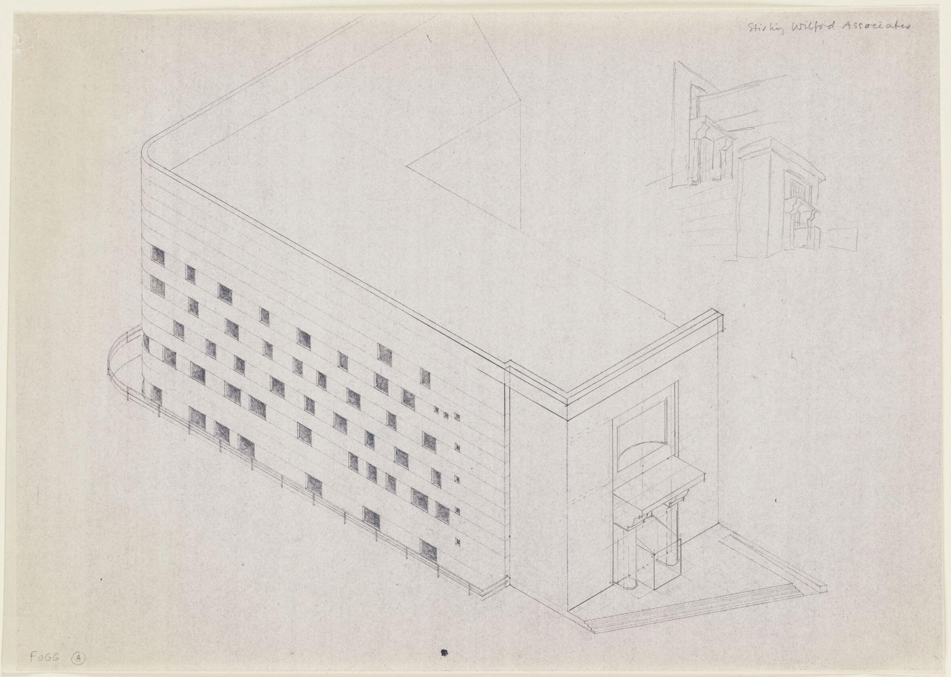 Drawing for the Arthur M. Sackler Museum, Axonometric Color Study for Broadway and Quincy Street Elevations by James Stirling