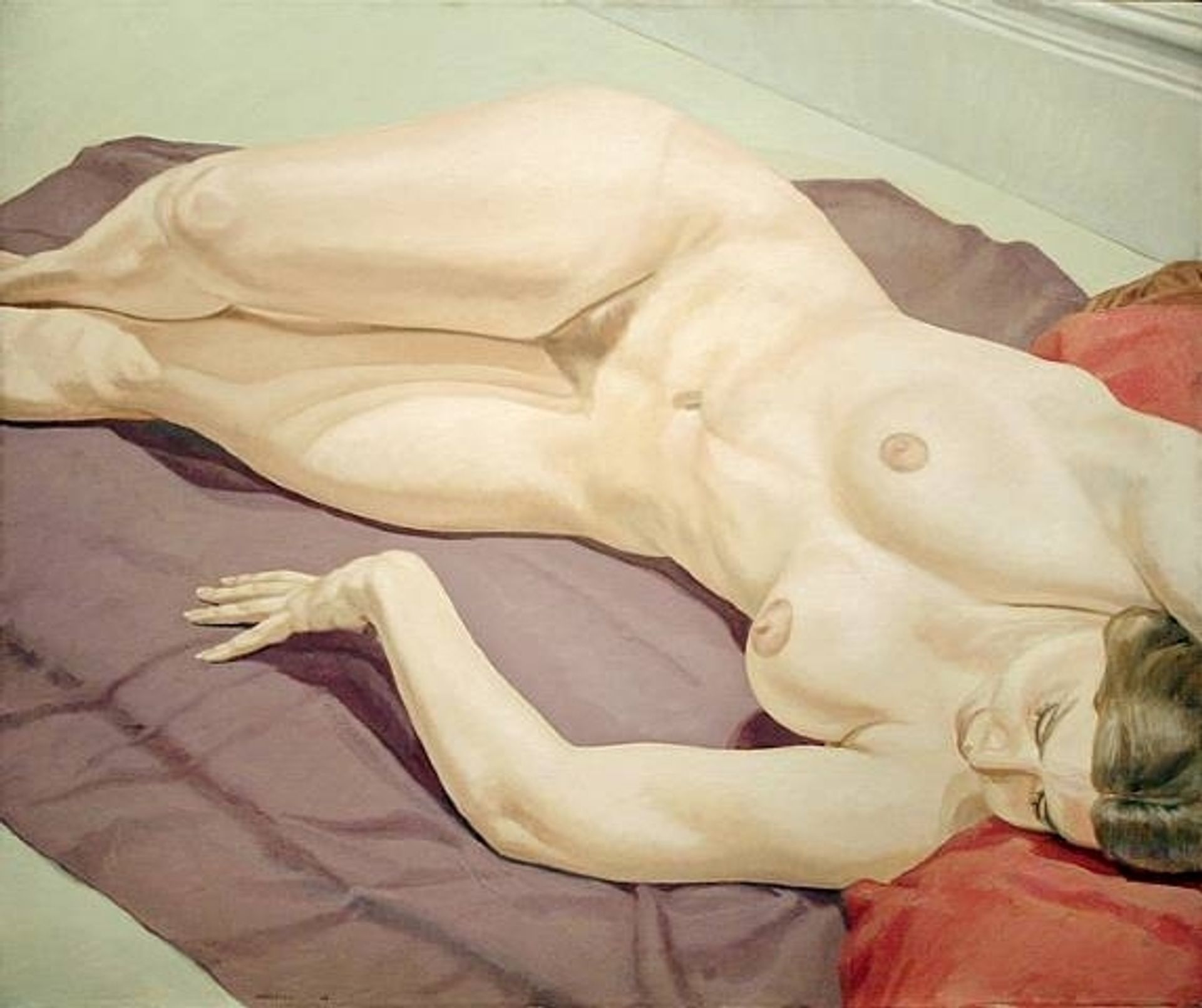 Lying Female Nude on Purple Drape by Philip Pearlstein