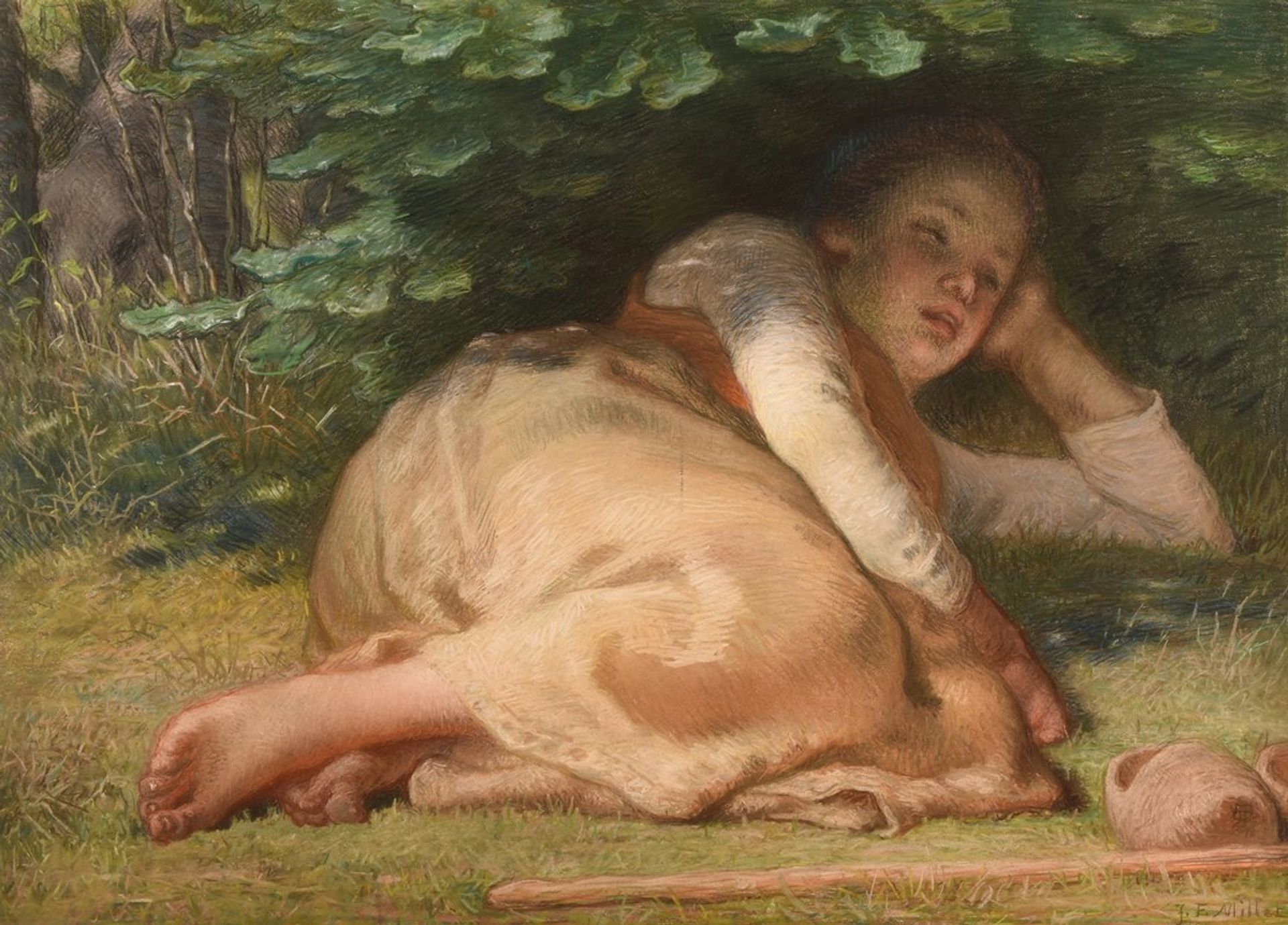 Bergère dormant à l’ombre d’un buisson de chênes by Jean-François Millet