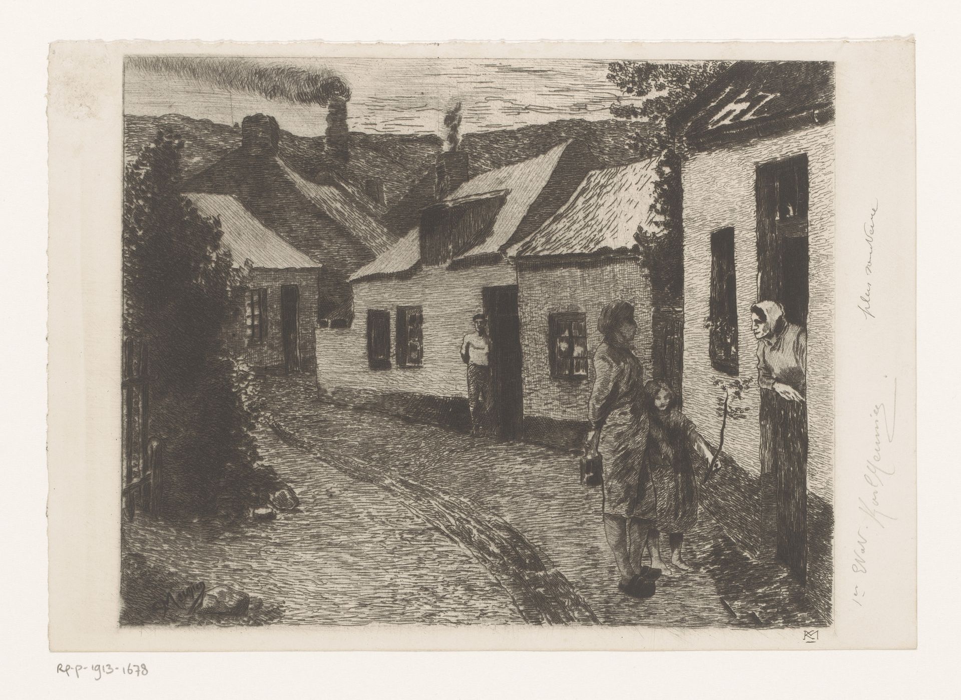 Moeder en dochter gaan langs de deuren in een arbeidersbuurt by Karl Meunier