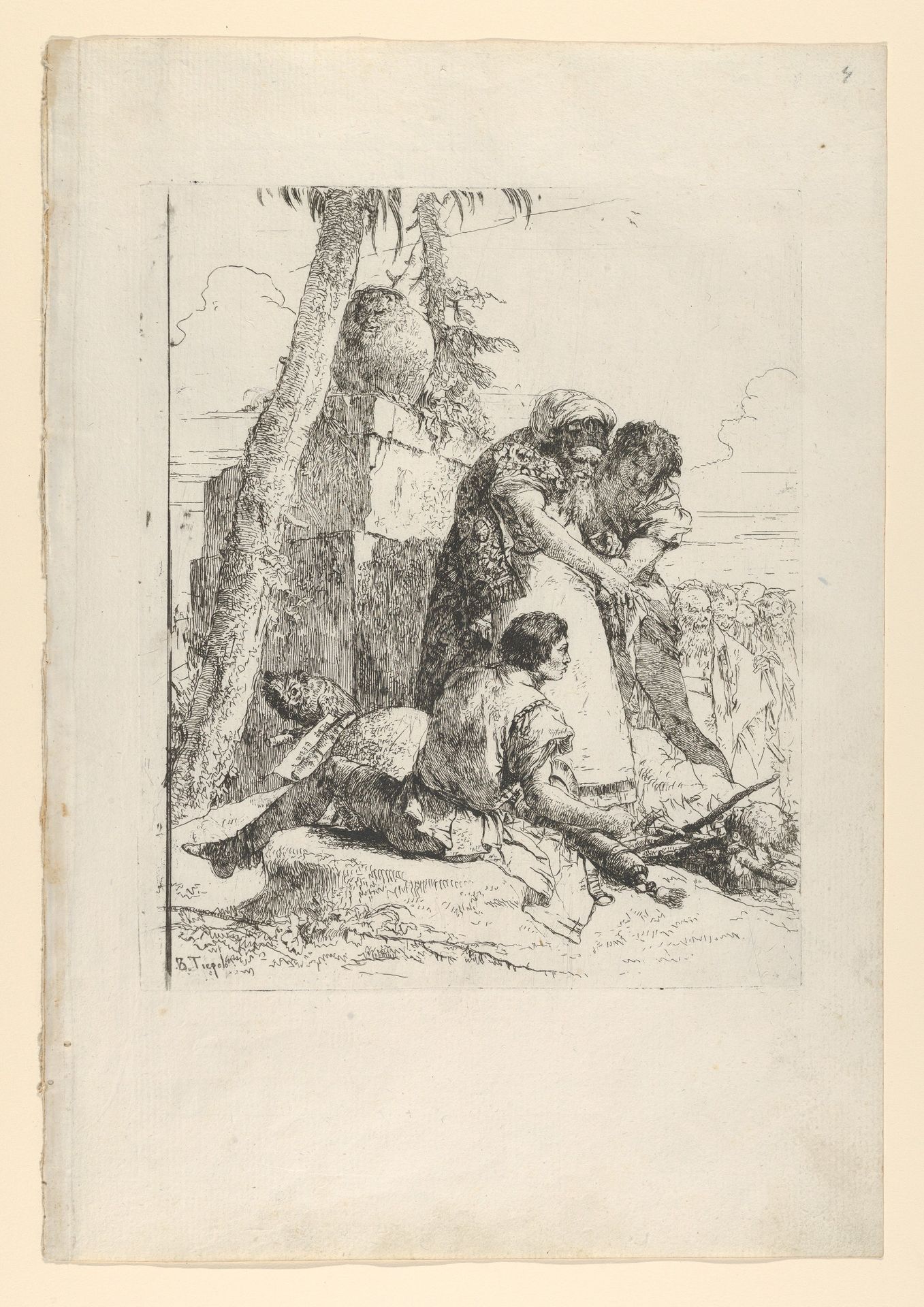 Magician pointing out a burning head to two youths, from the Scherzi by Giovanni Battista Tiepolo