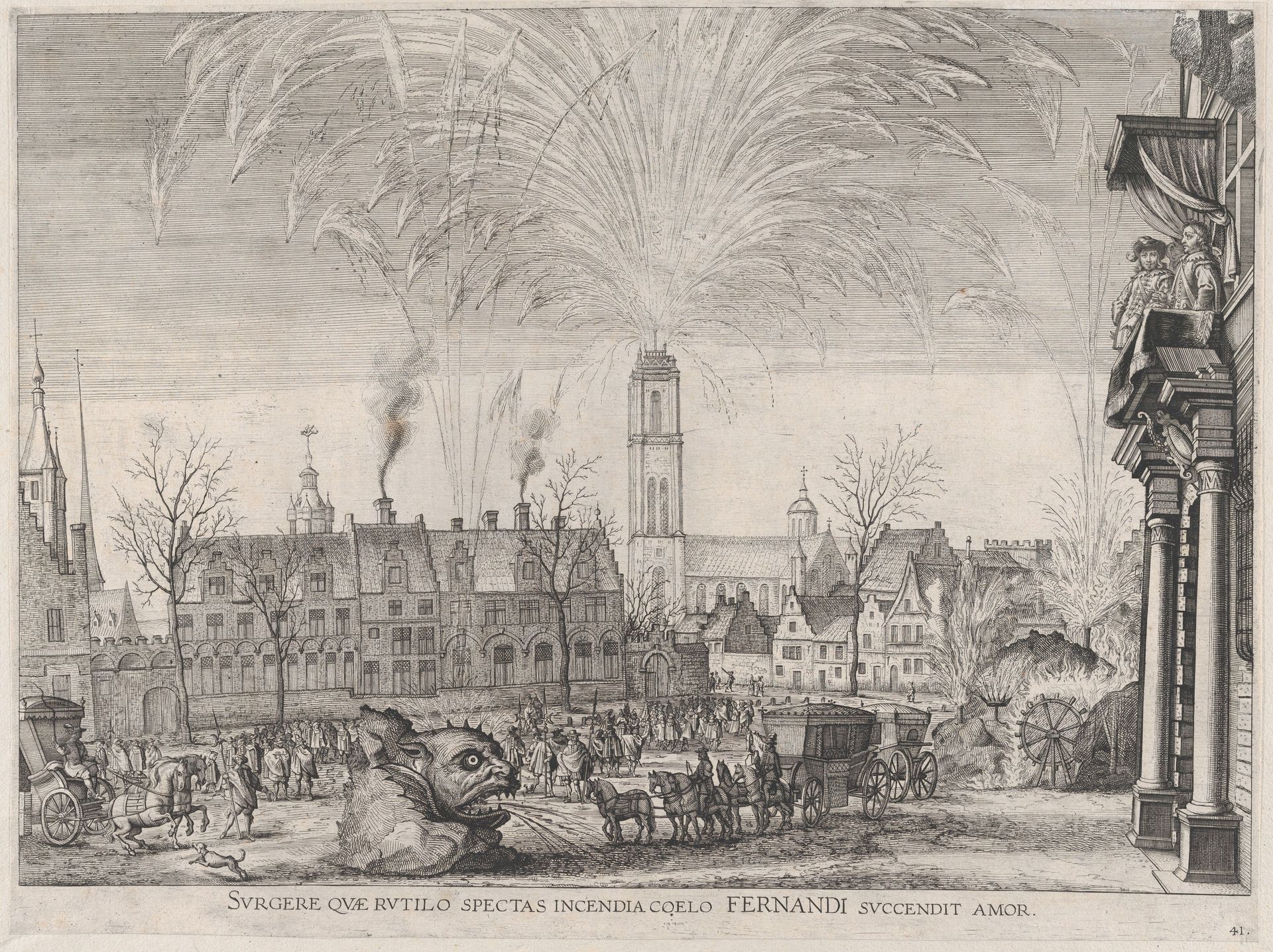 Plate 41: Fireworks display in city square with Ferdinand watching from a balcony at right; from Guillielmus Becanus's 'Serenissimi Principis Ferdinandi, Hispaniarum Infantis...' by Johannes Meursius